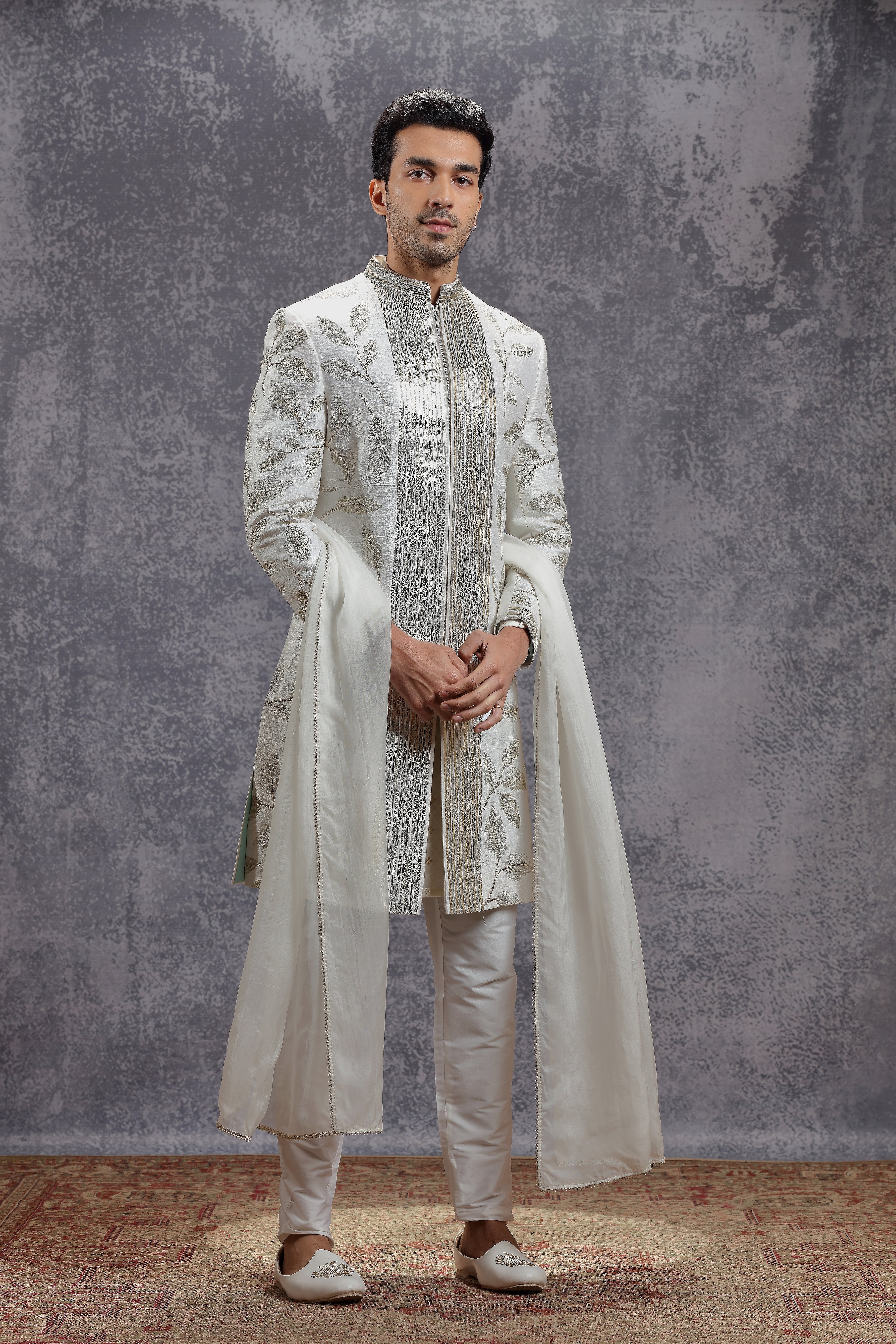 Ivory Embroidered Jacket Set with Sequins and Kasab Work - Shreeman