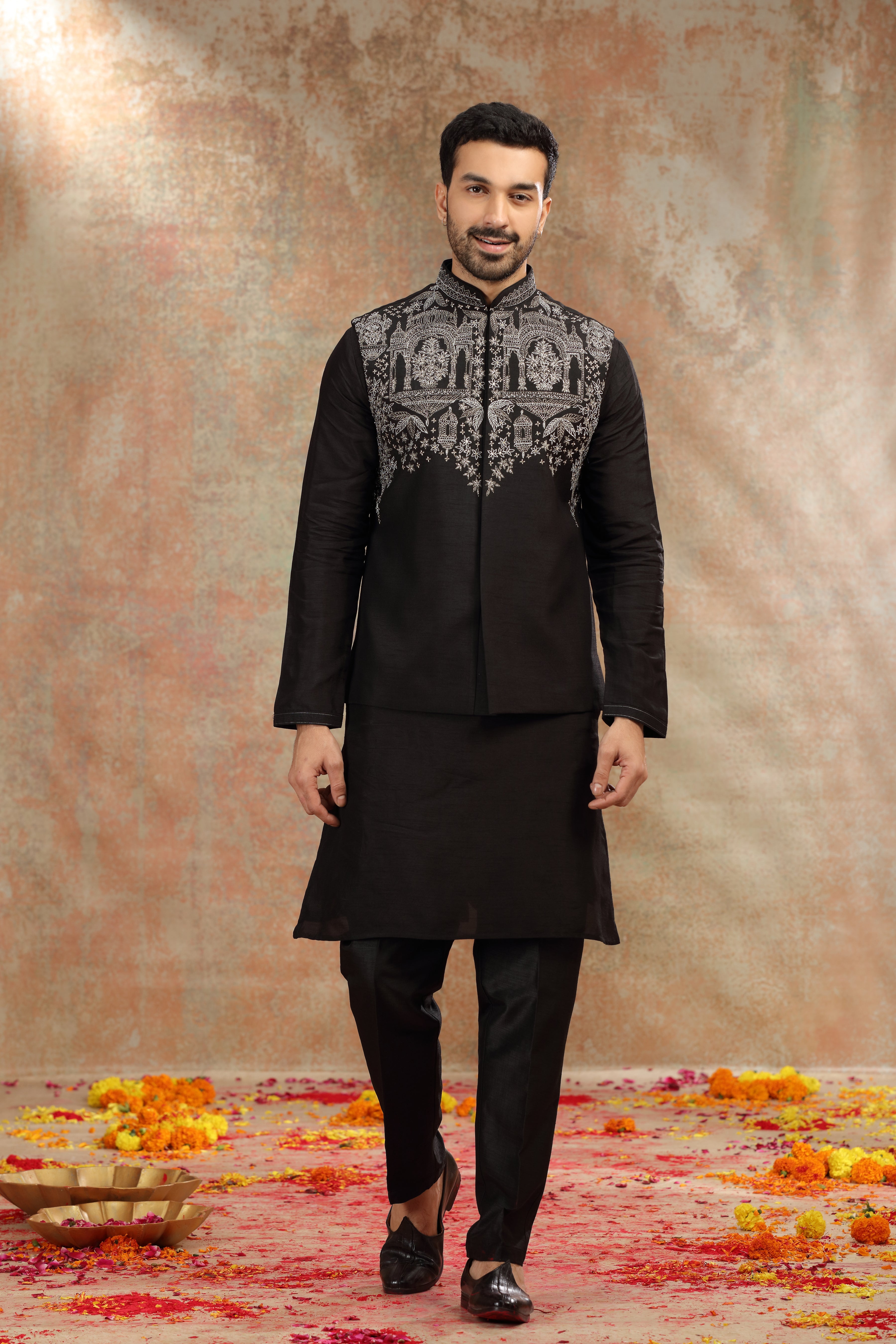 Black Silk Koti Kurta with Kasab, Cutdana and Sequins Work