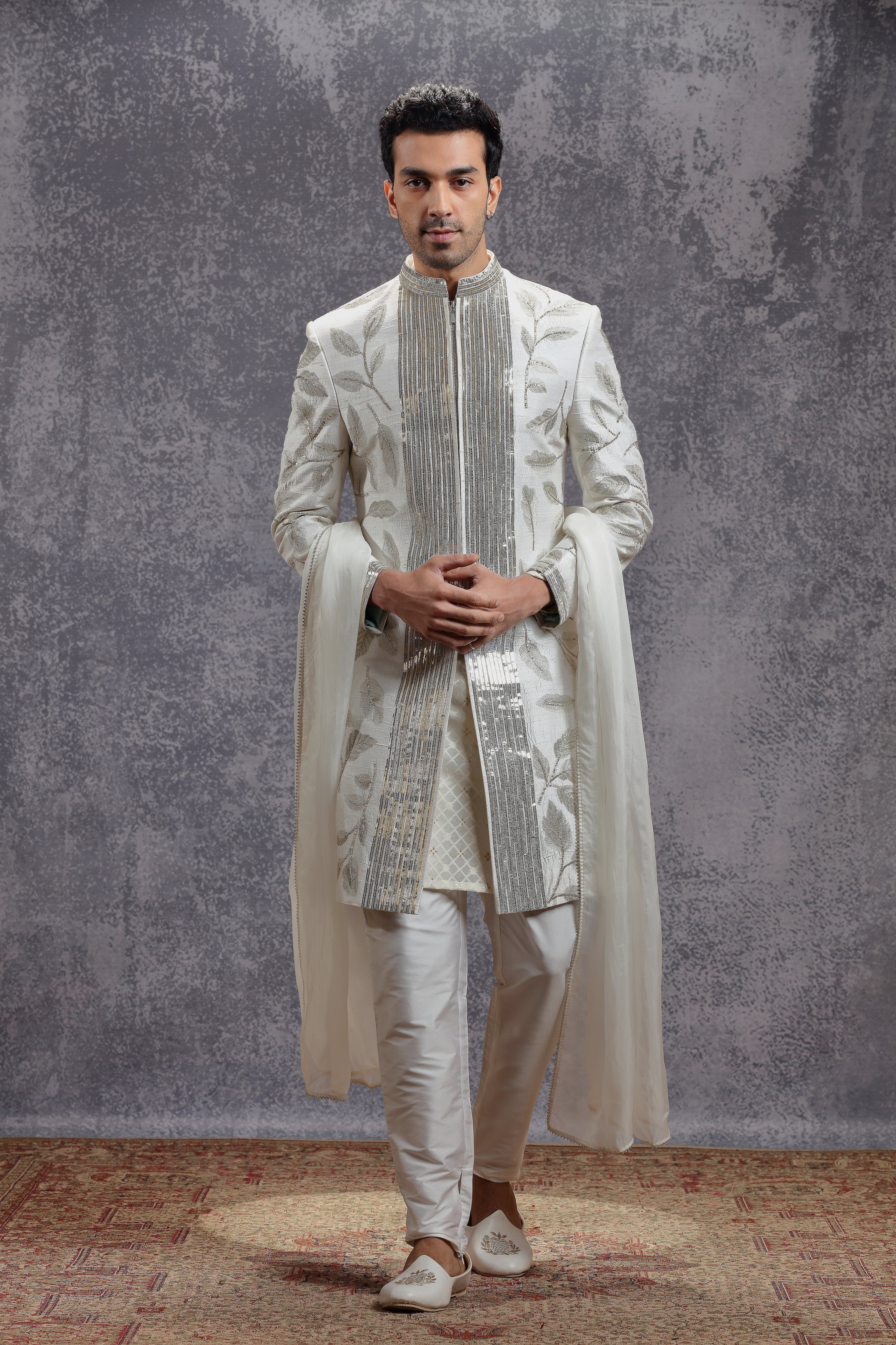 Ivory Embroidered Jacket Set with Sequins and Kasab Work - Shreeman