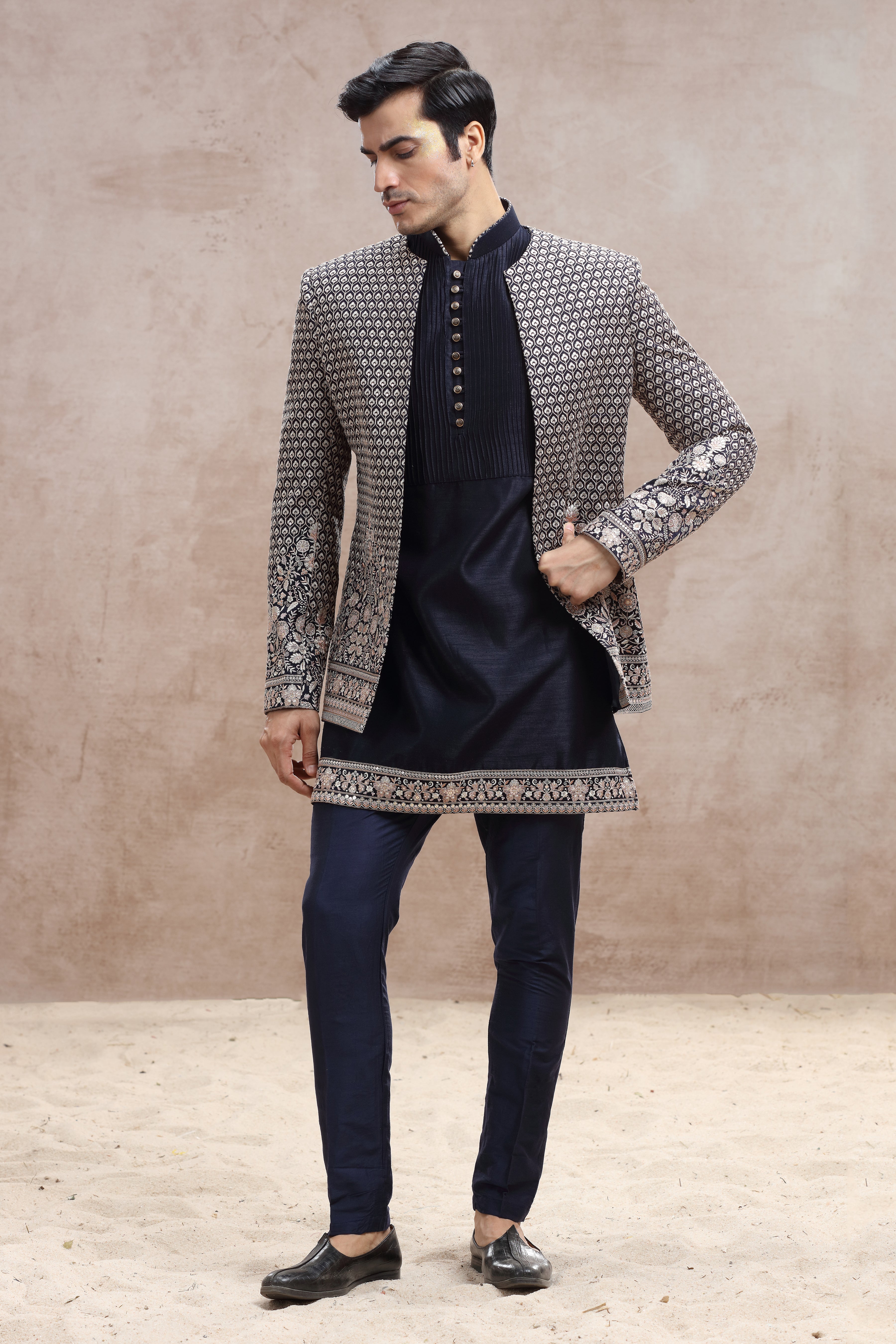 Navy Blue Raw Silk Indo Western with Floral Thread Work