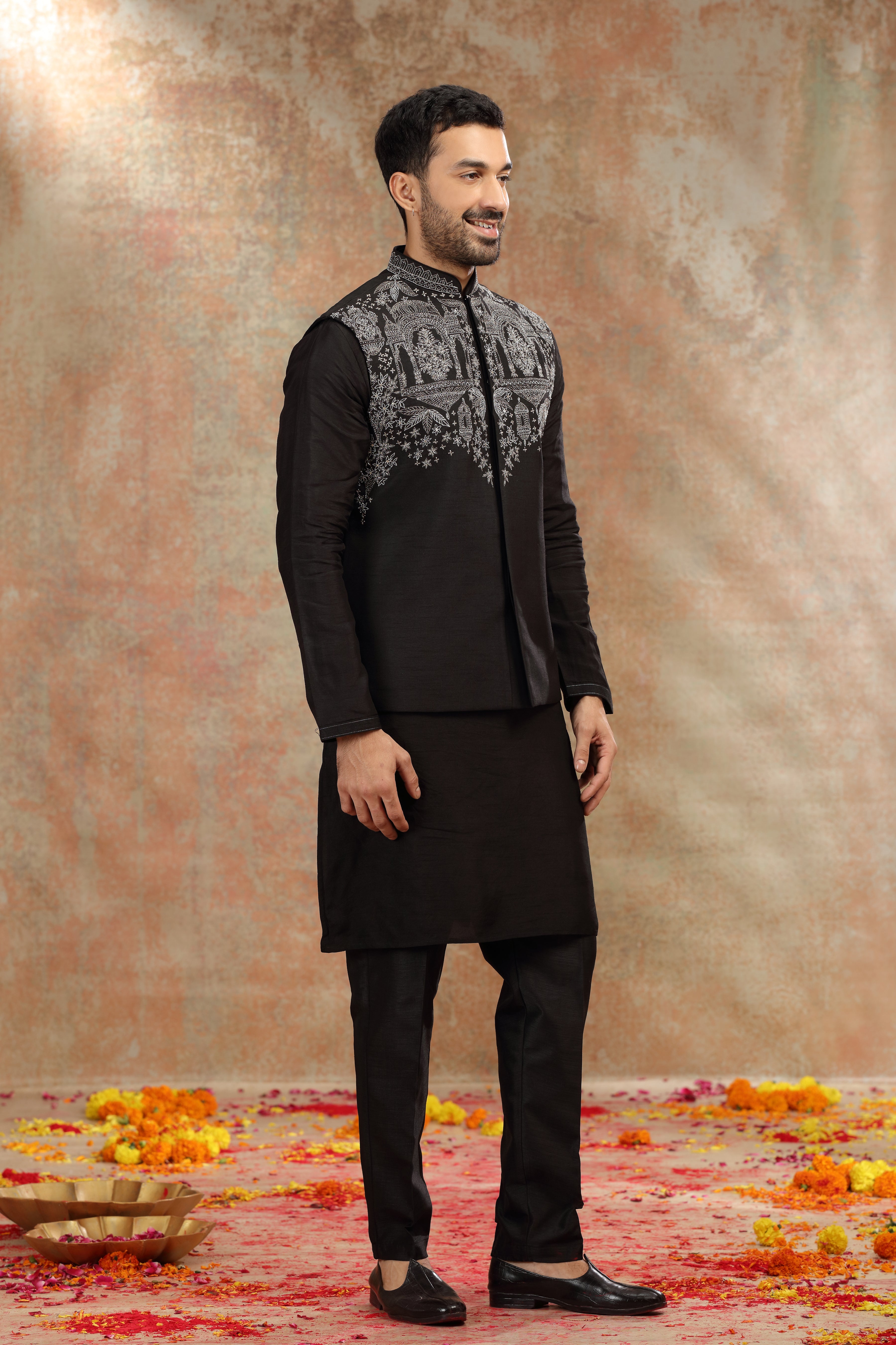 Black Silk Koti Kurta with Kasab, Cutdana and Sequins Work