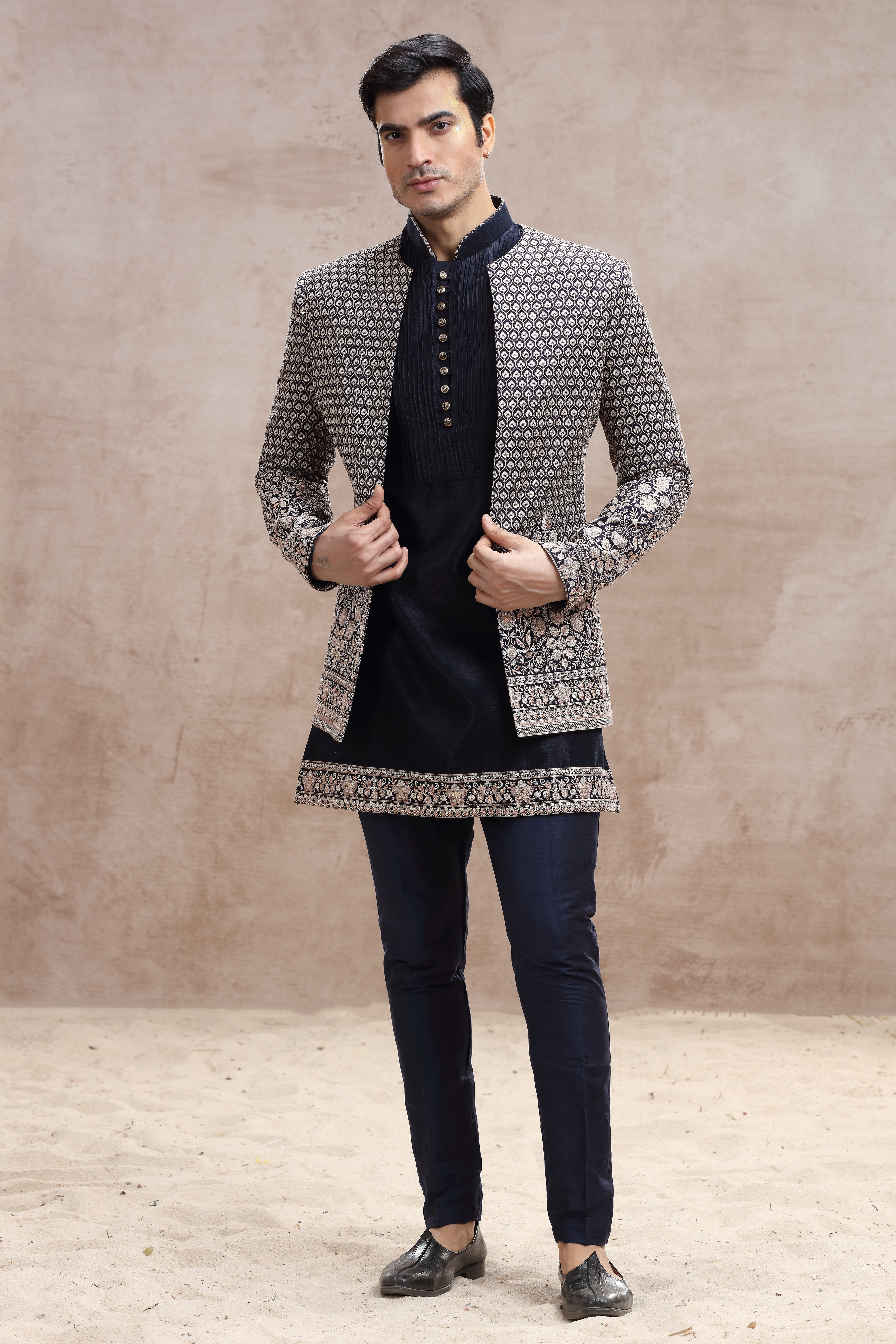 Navy Blue Raw Silk Indo Western with Floral Thread Work