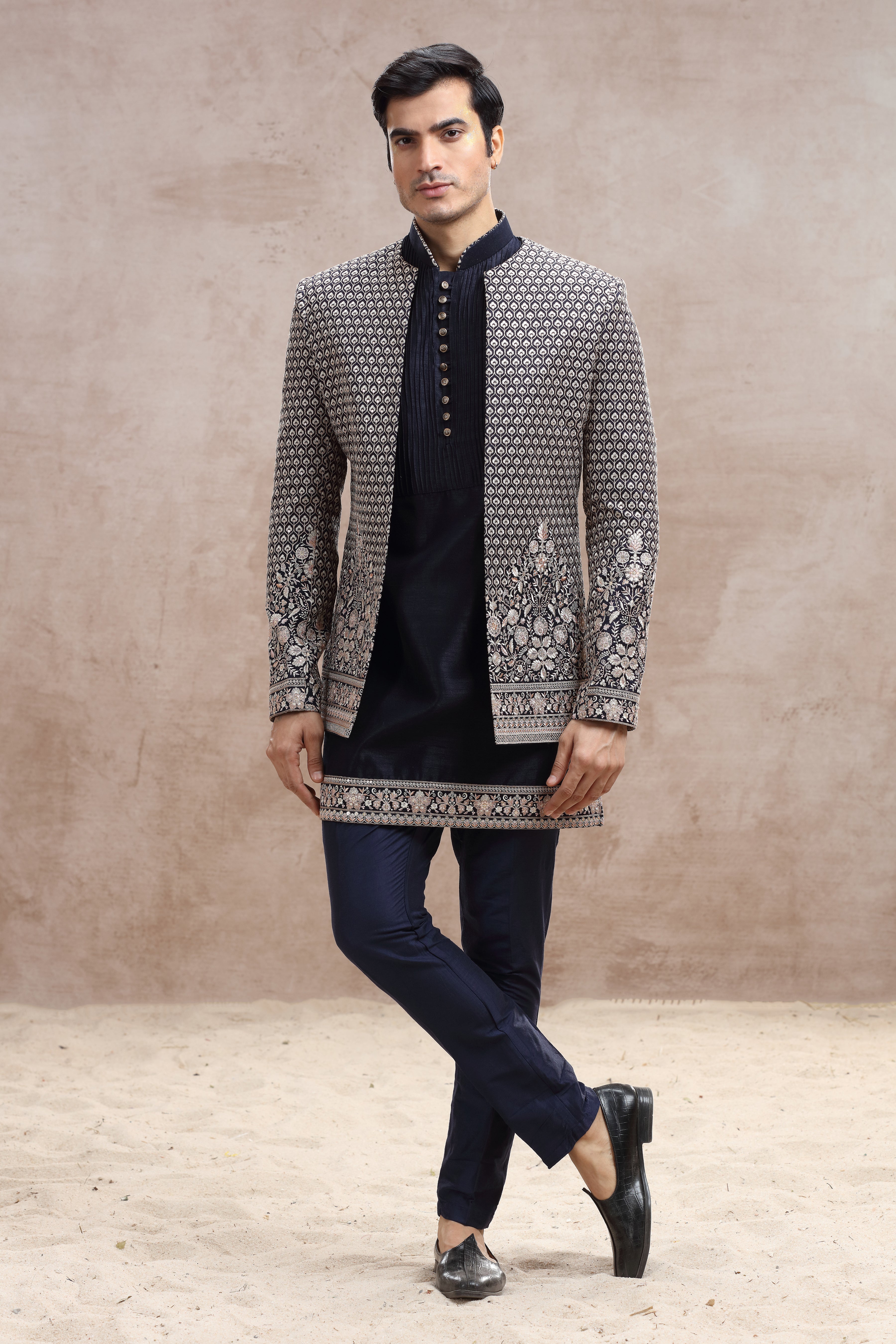 Navy Blue Raw Silk Indo Western with Floral Thread Work