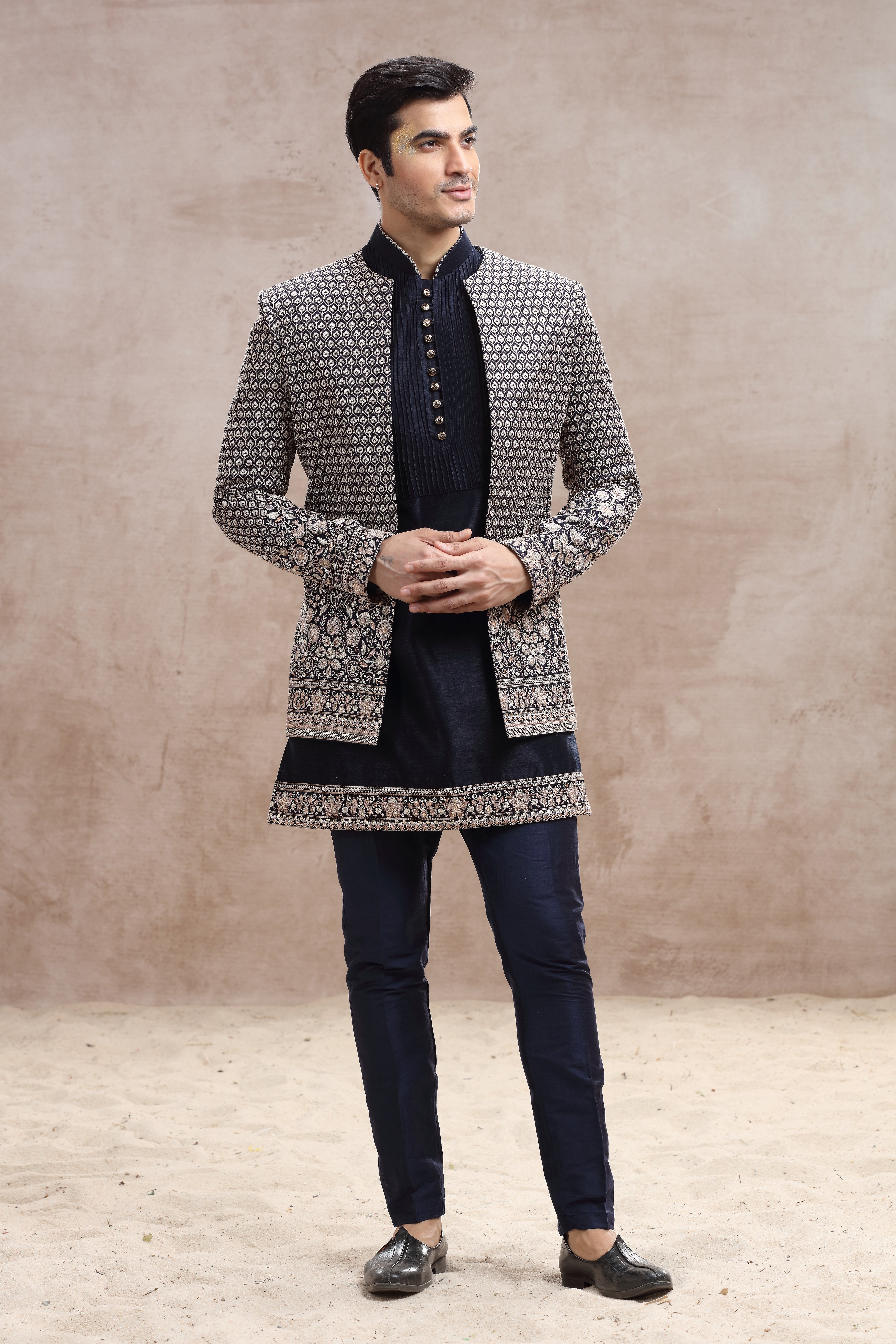 Navy Blue Raw Silk Indo Western with Floral Thread Work