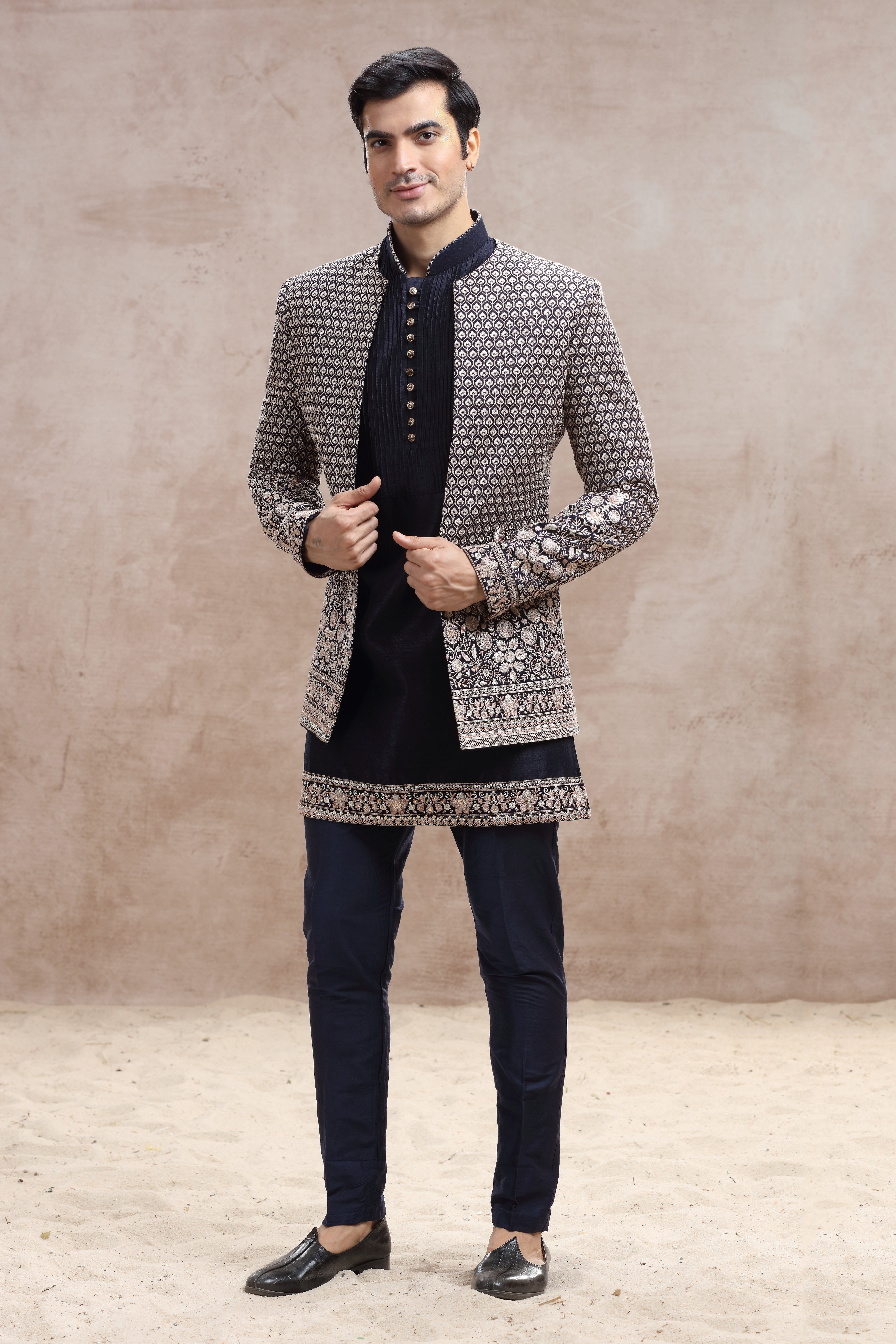 Navy Blue Raw Silk Indo Western with Floral Thread Work