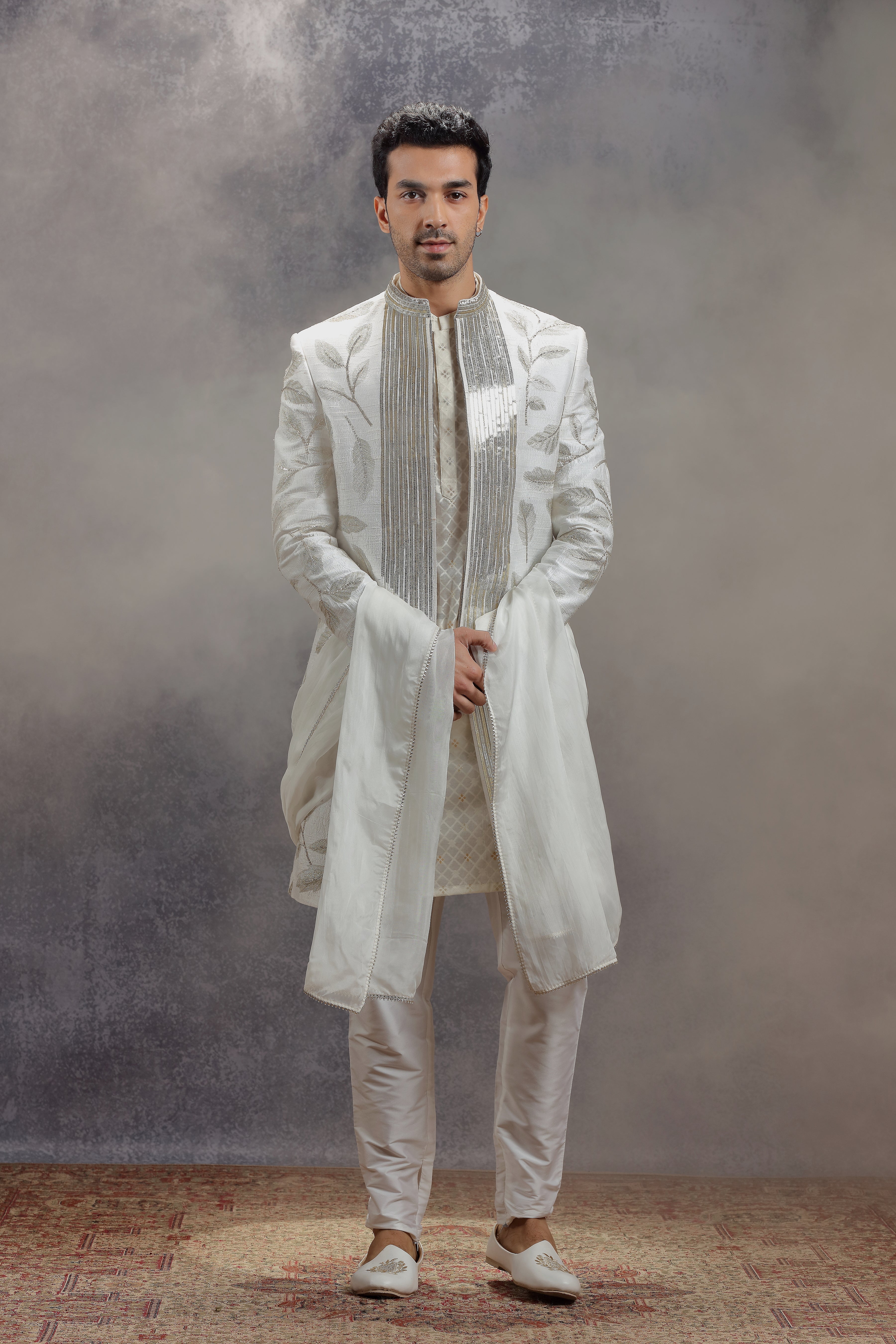 Ivory Embroidered Jacket Set with Sequins and Kasab Work - Shreeman