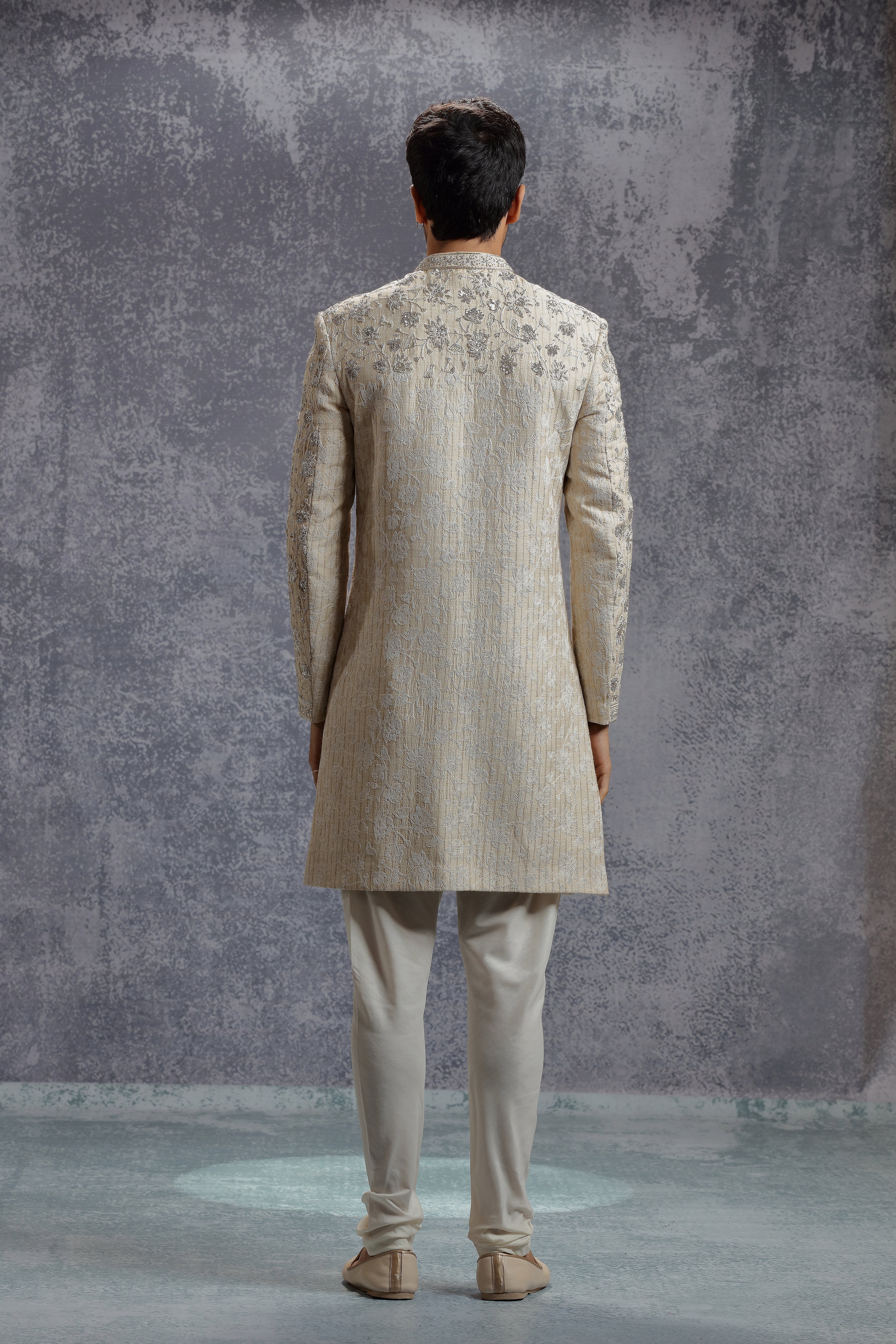 Beige Sherwani Set with Zardosi, Resham and Sequins Work - Shreeman