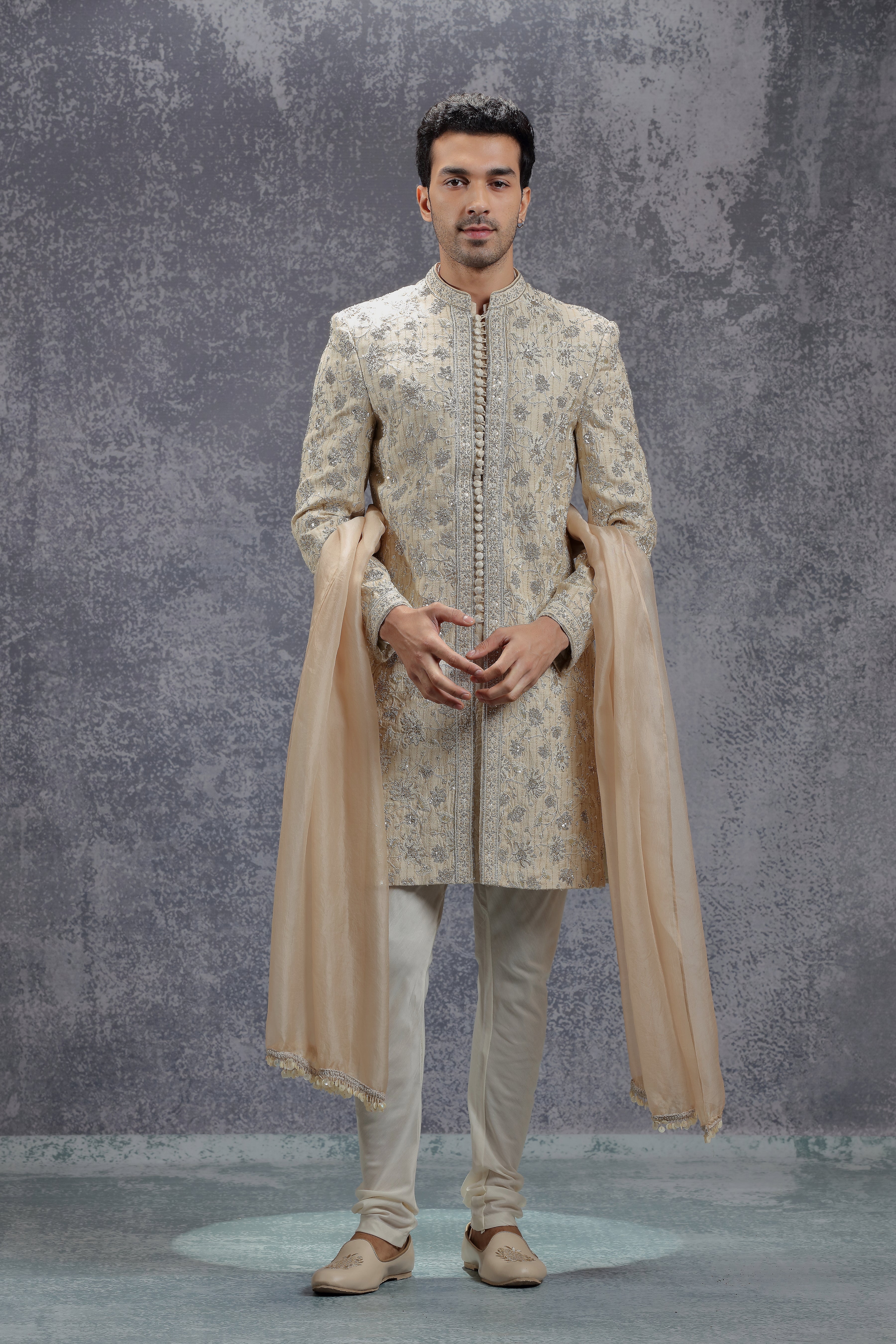 Beige Sherwani Set with Zardosi, Resham and Sequins Work - Shreeman