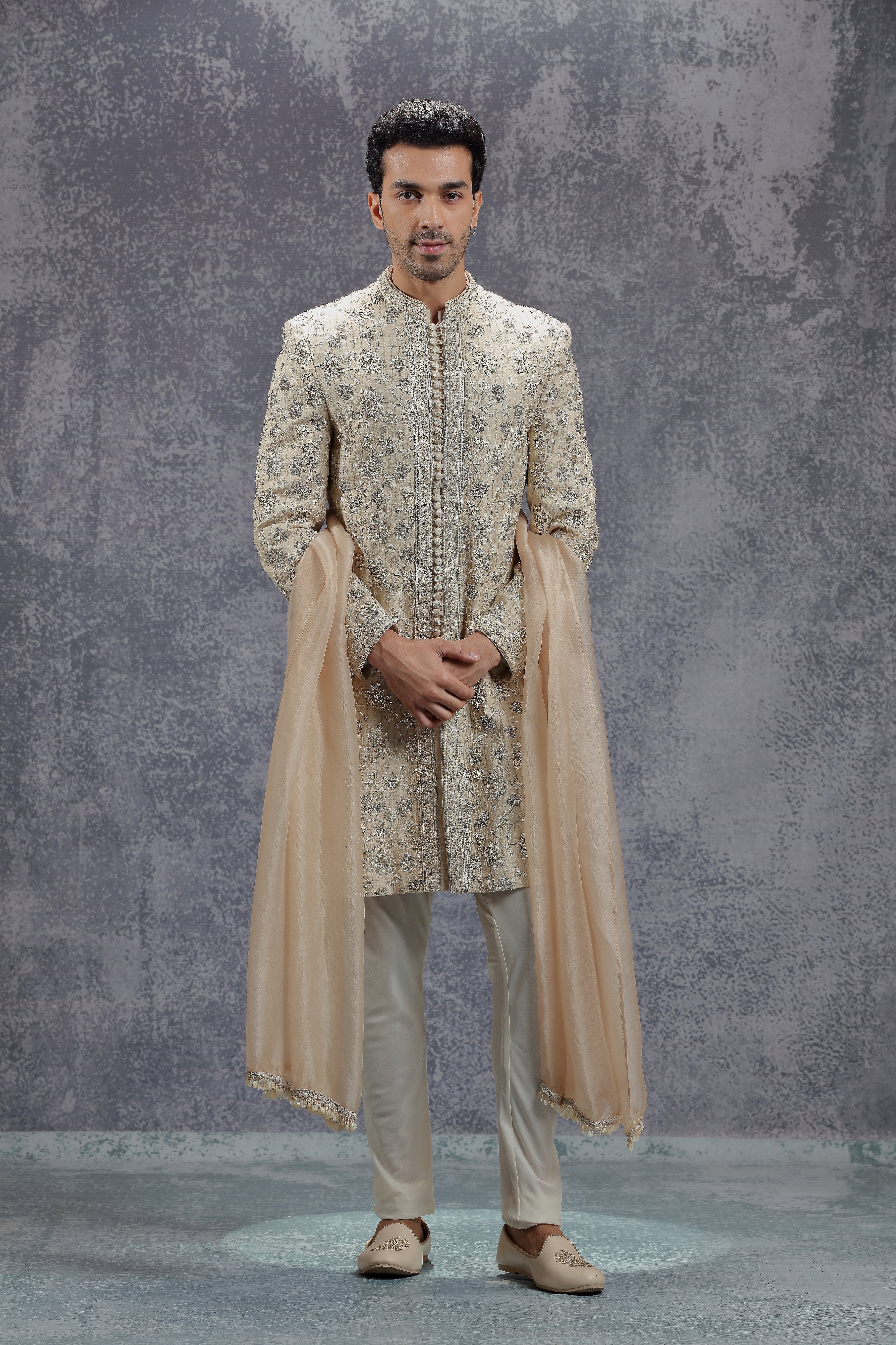 Beige Sherwani Set with Zardosi, Resham and Sequins Work - Shreeman