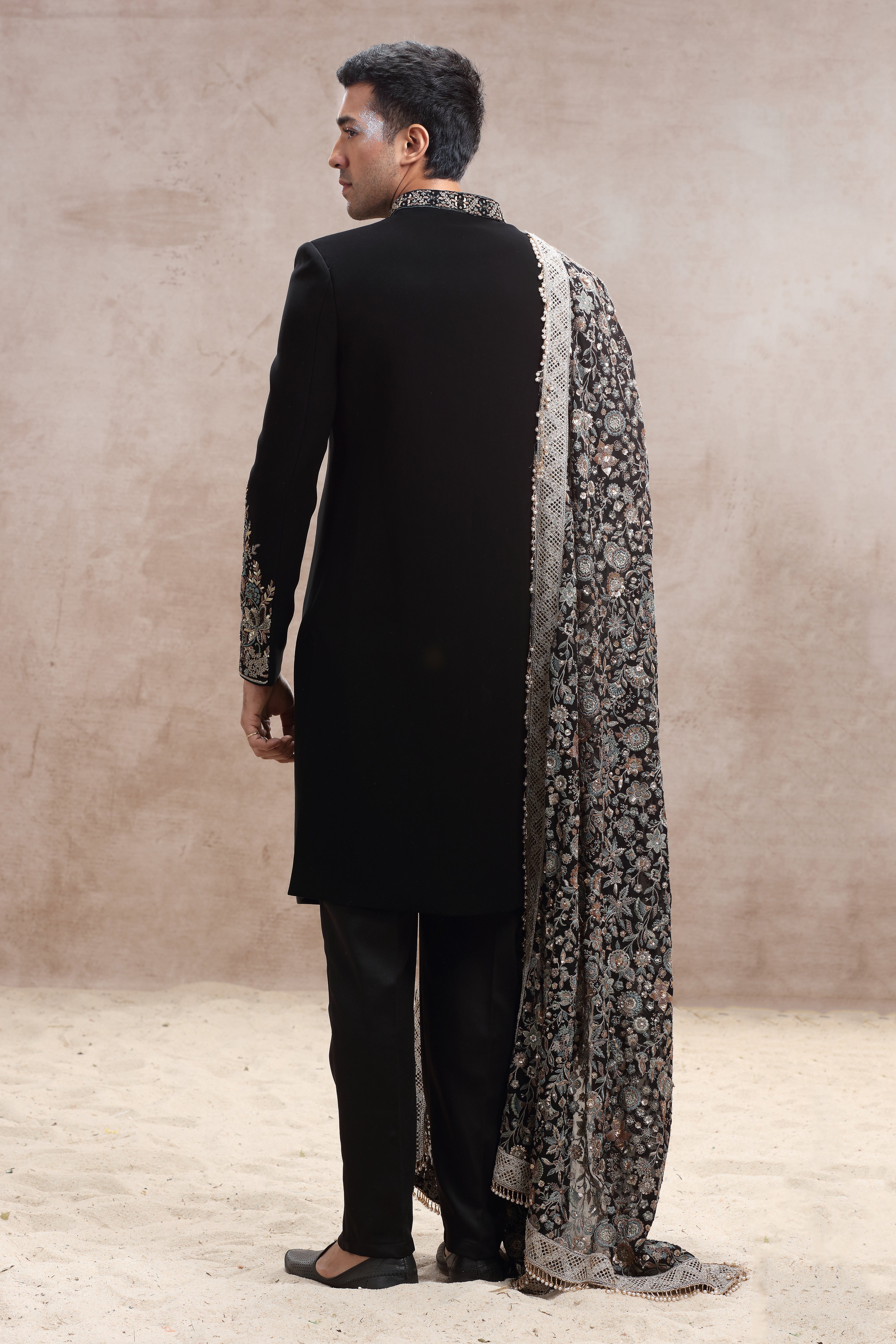 Black Silk Sherwani with Floral Thread Work and Beads