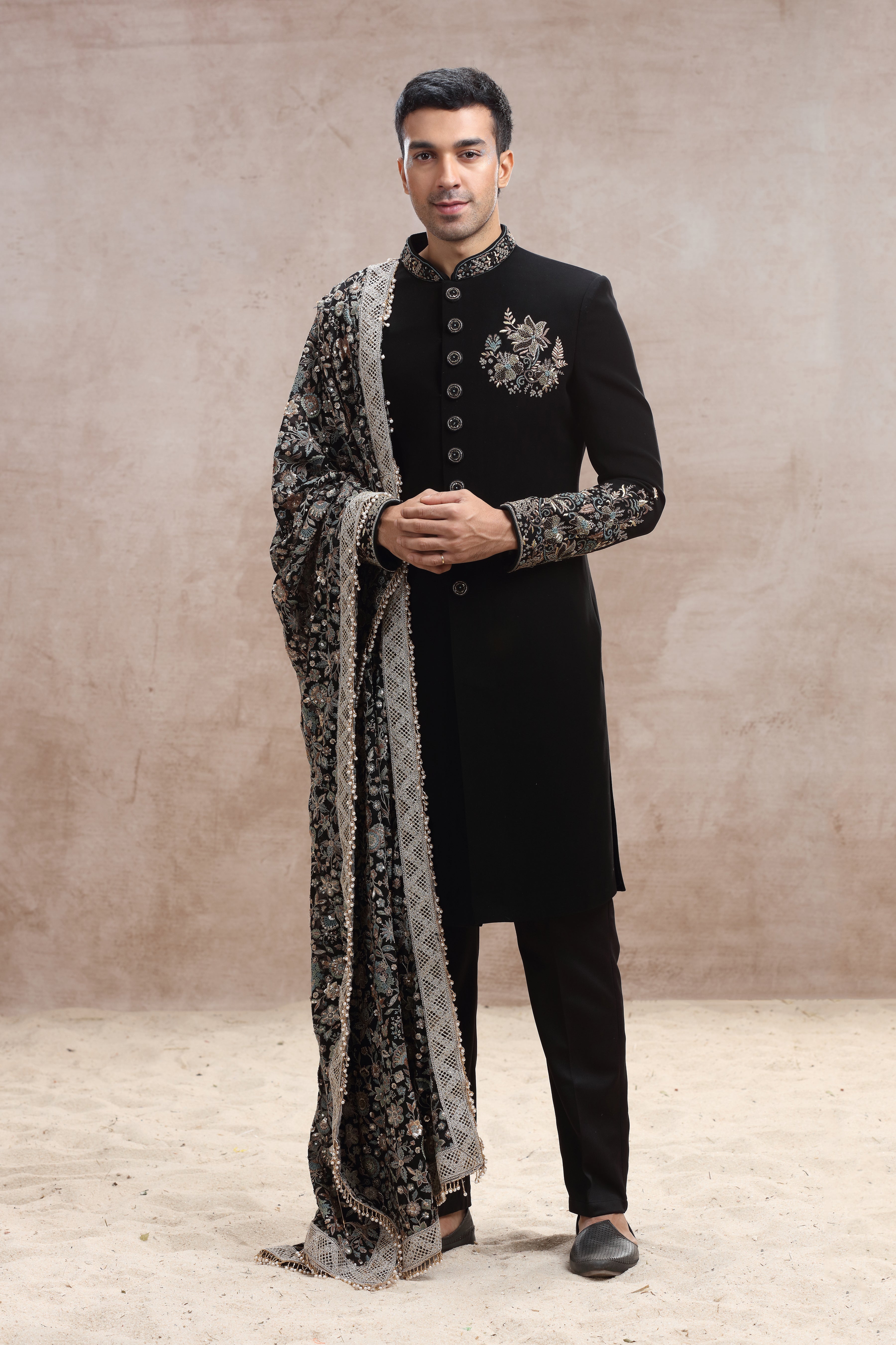 Black Silk Sherwani with Floral Thread Work and Beads