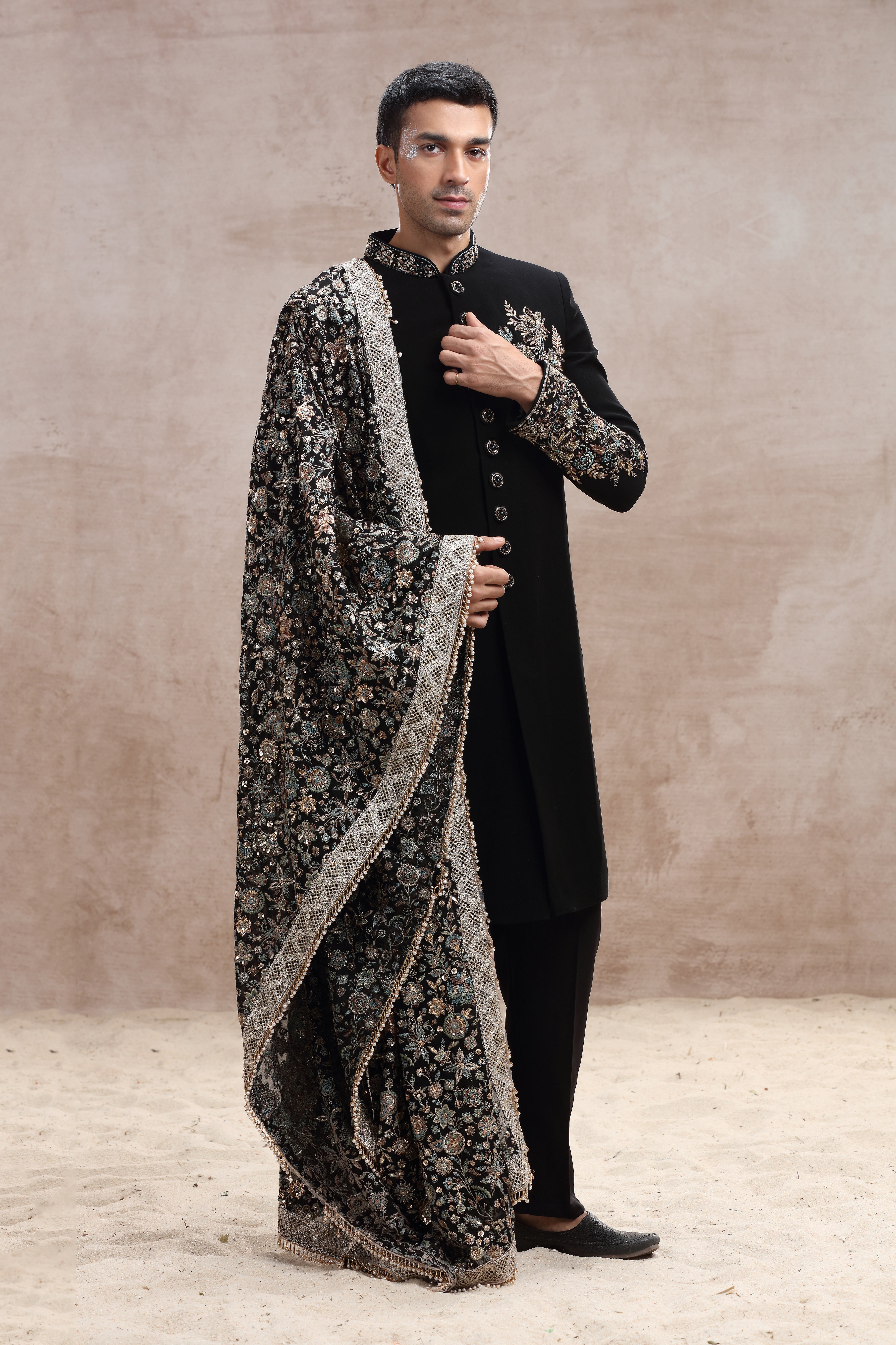 Black Silk Sherwani with Floral Thread Work and Beads