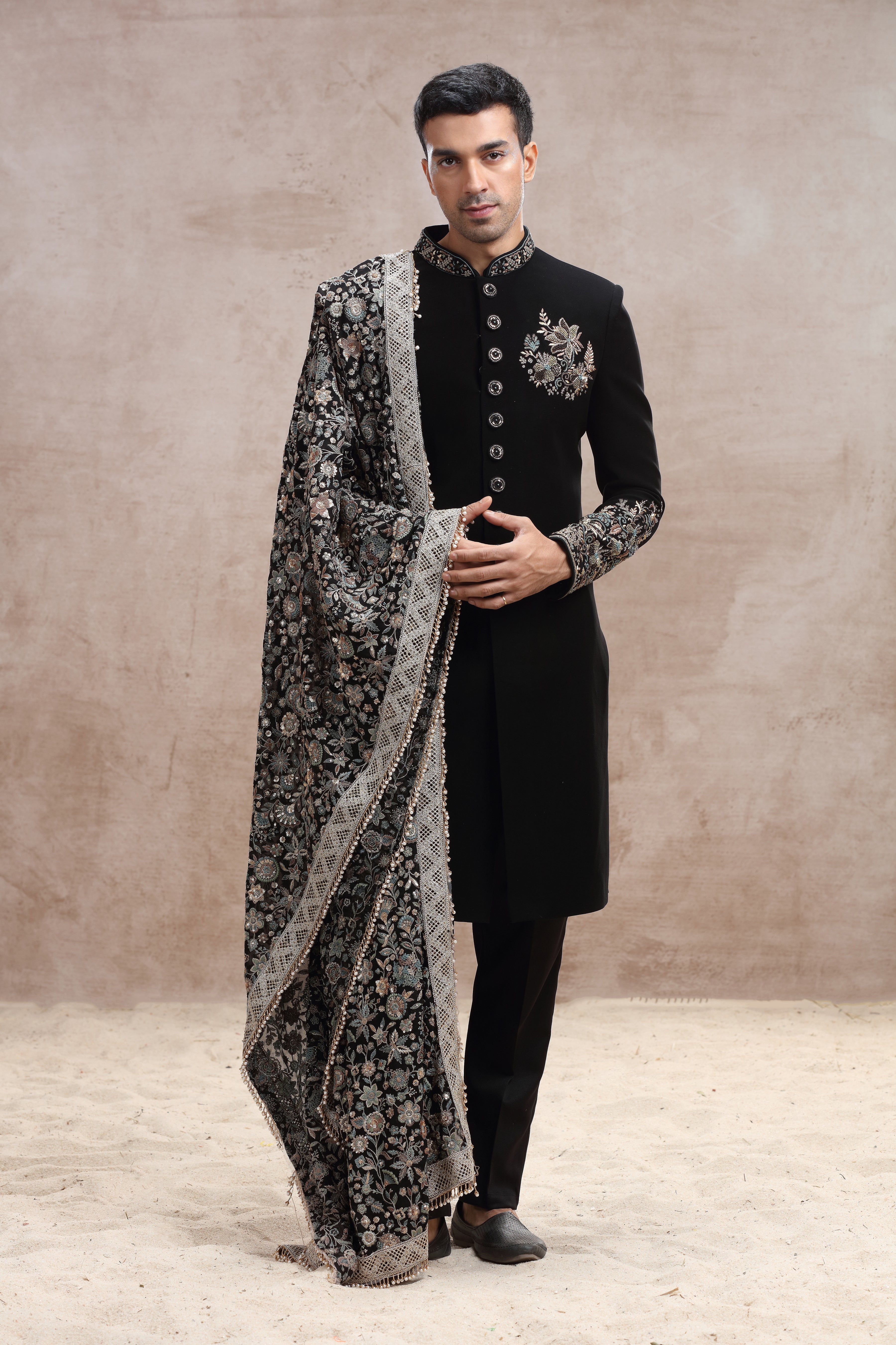 Black Silk Sherwani with Floral Thread Work and Beads