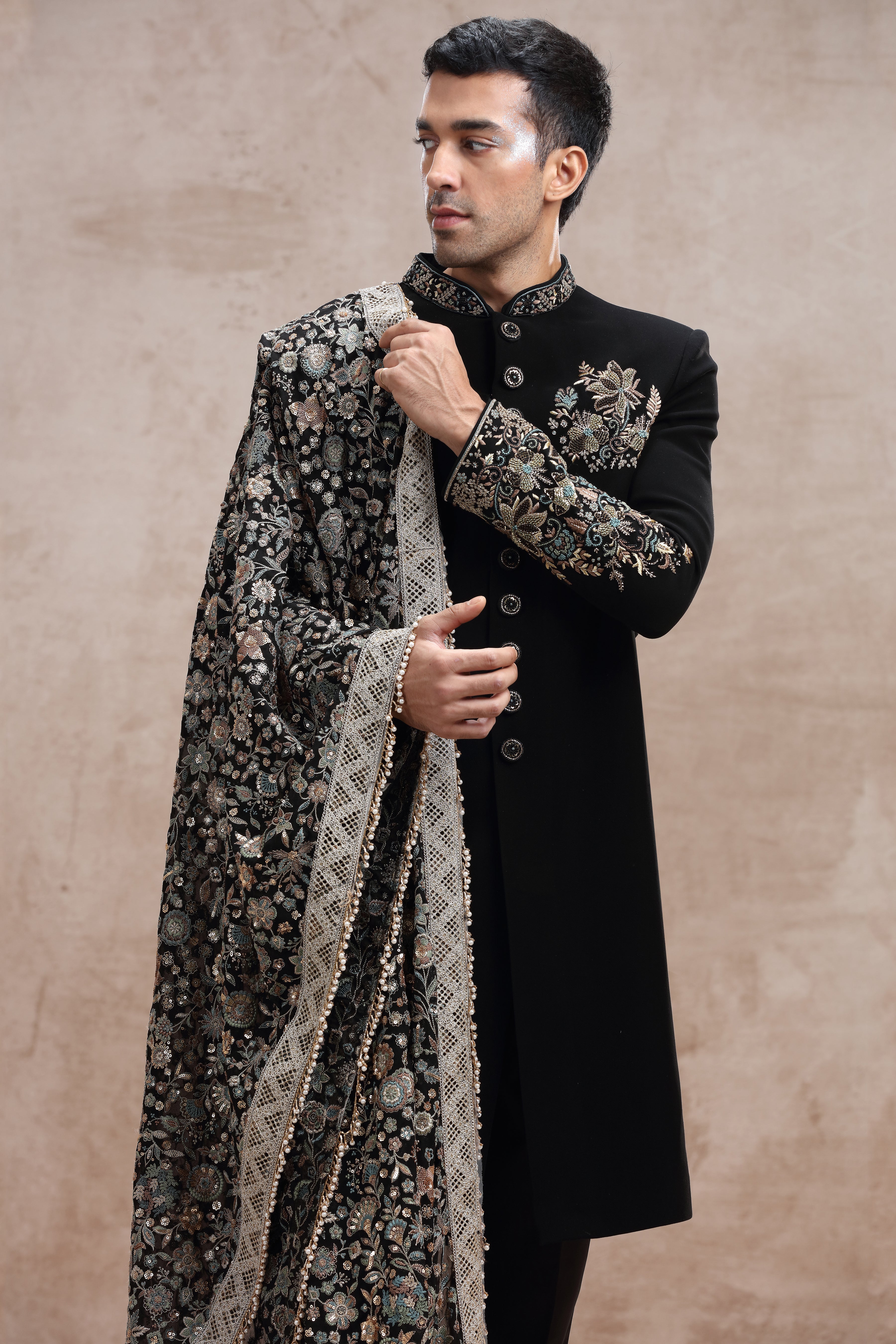 Black Silk Sherwani with Floral Thread Work and Beads