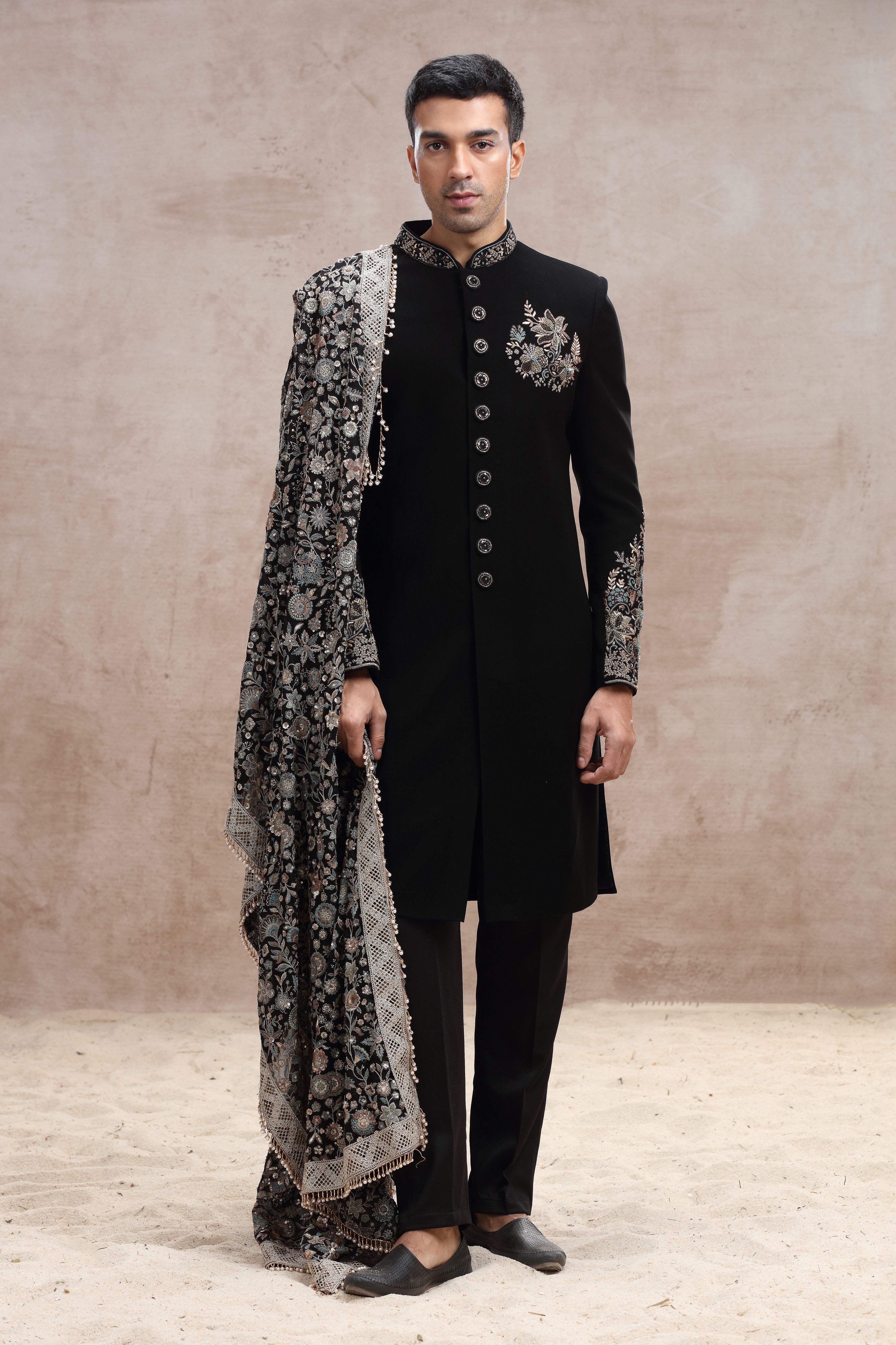 Black Silk Sherwani with Floral Thread Work and Beads