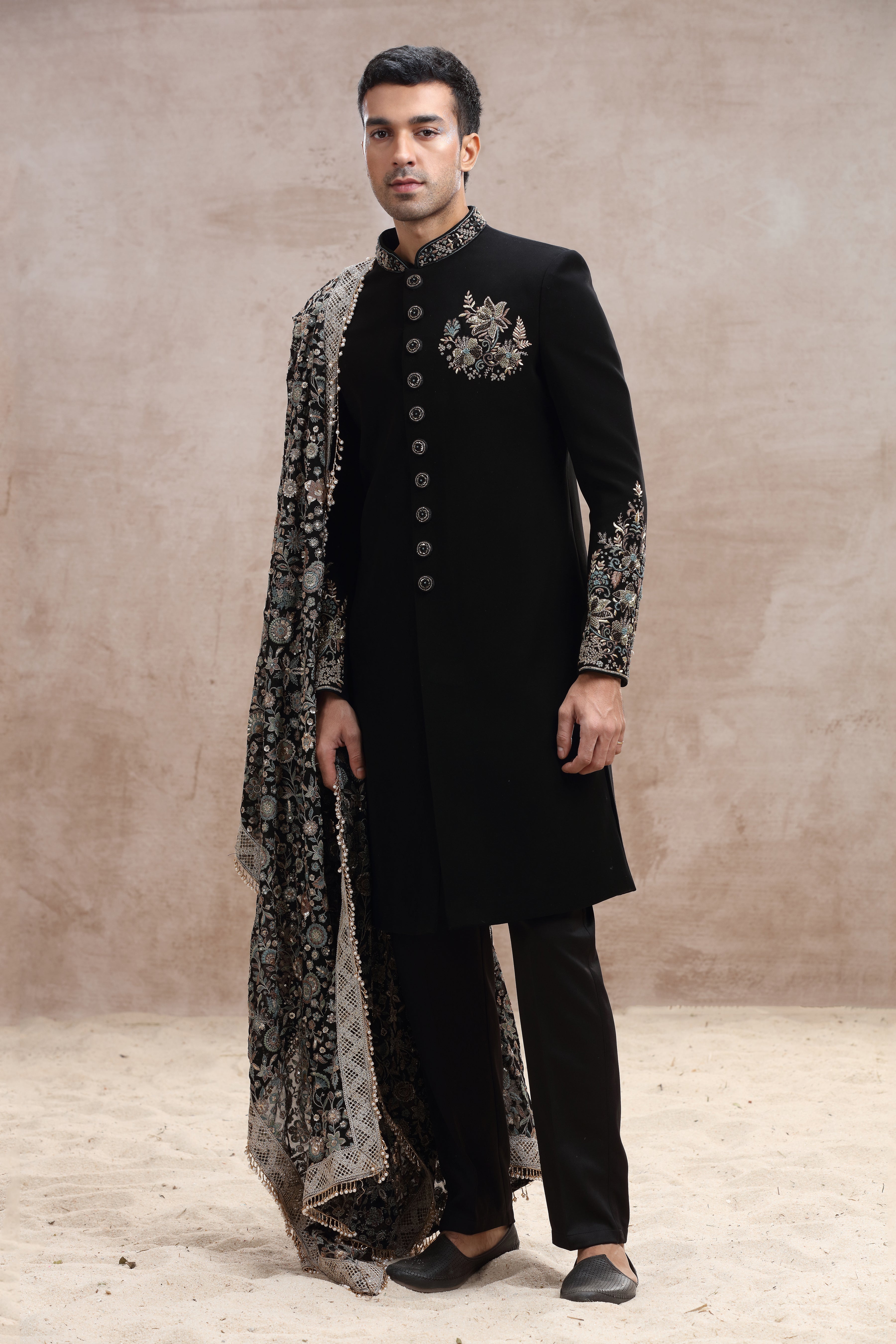 Black Silk Sherwani with Floral Thread Work and Beads