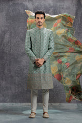 Teal Green Sherwani Set With Geometric Embroidery