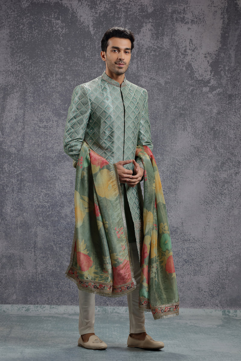 Teal Green Sherwani Set With Geometric Embroidery