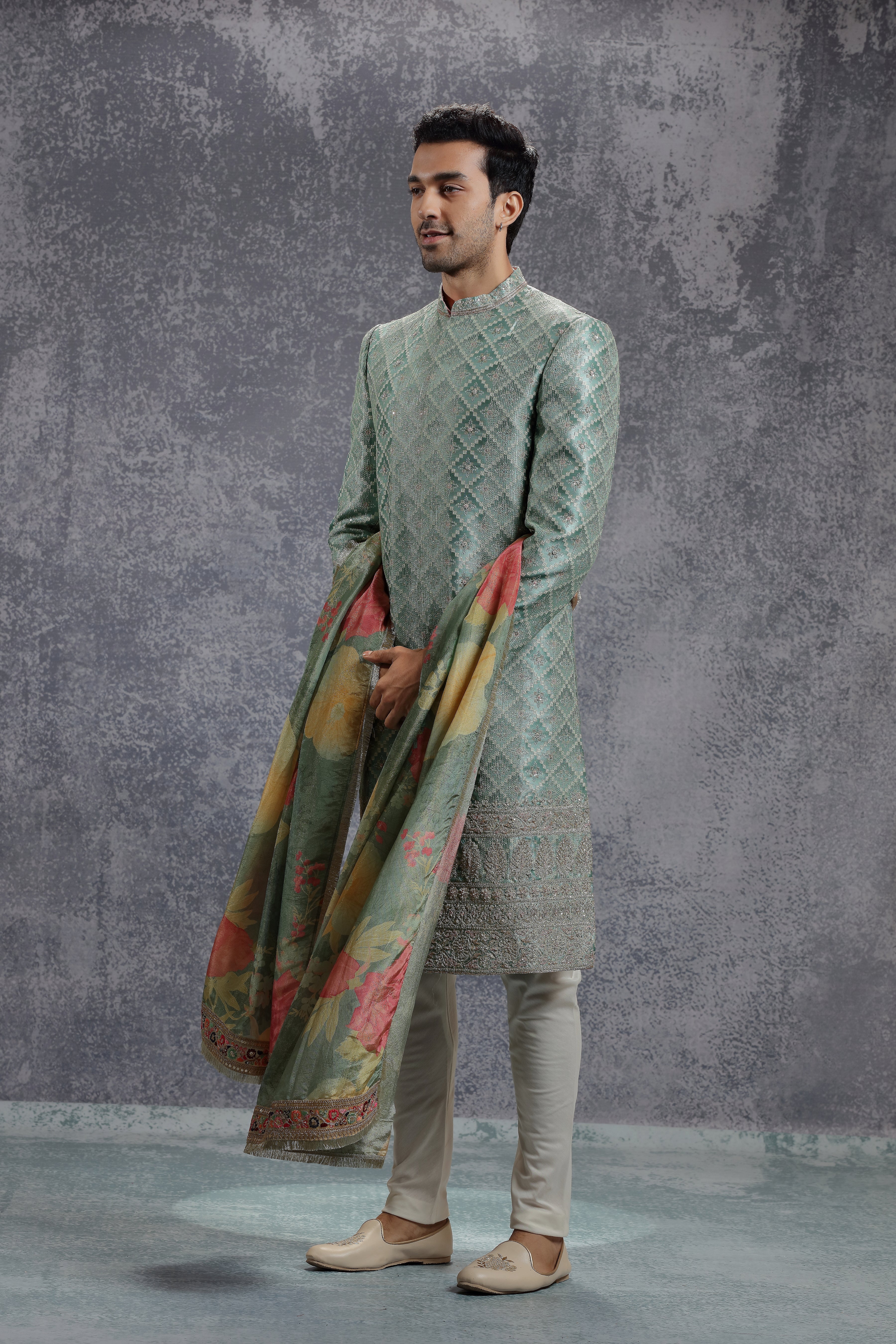 Teal Green Sherwani Set With Geometric Embroidery - Shreeman