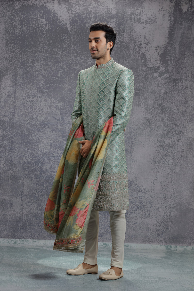 Teal Green Sherwani Set With Geometric Embroidery