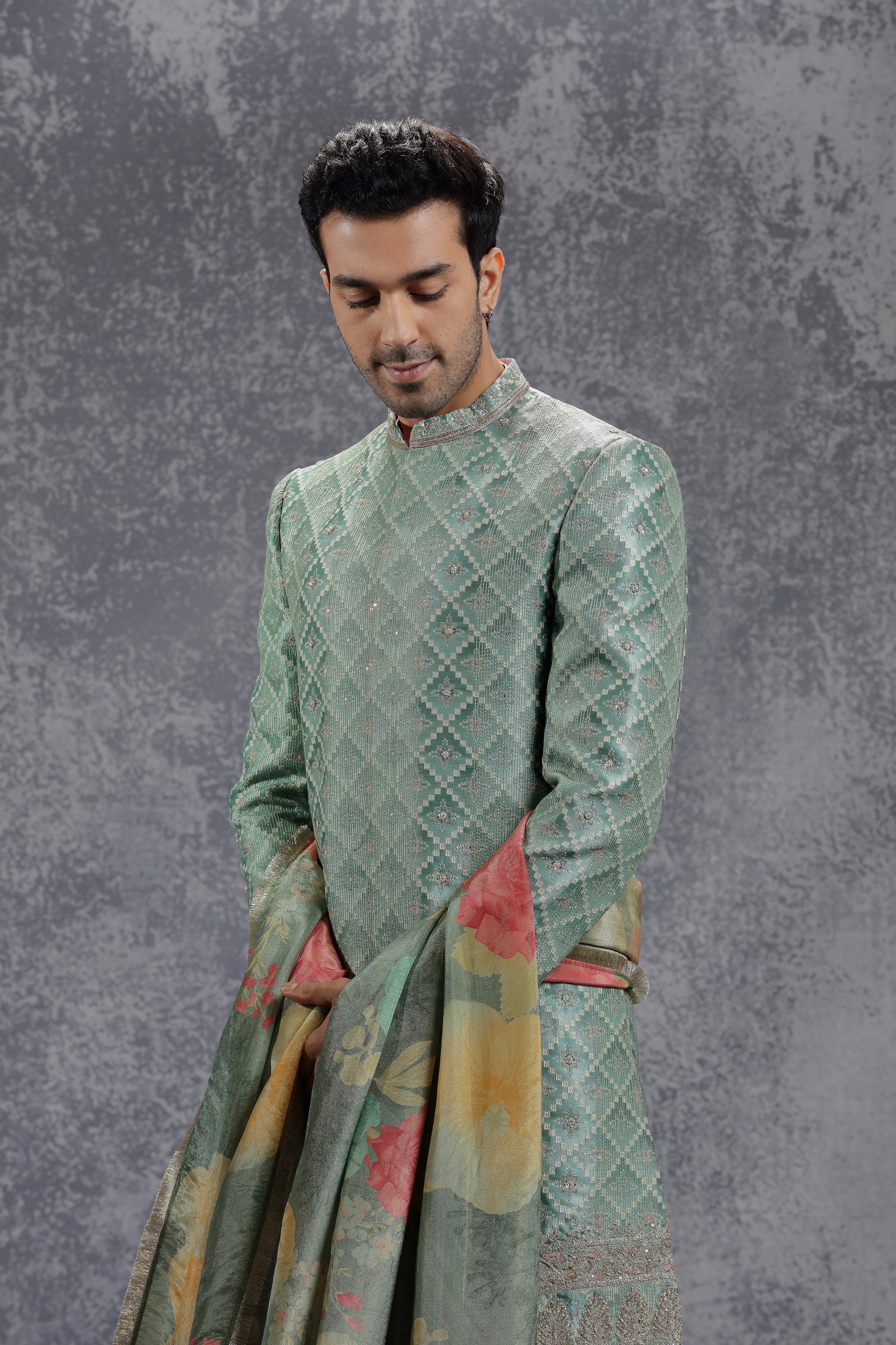 Teal Green Sherwani Set With Geometric Embroidery - Shreeman
