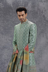 Teal Green Sherwani Set With Geometric Embroidery