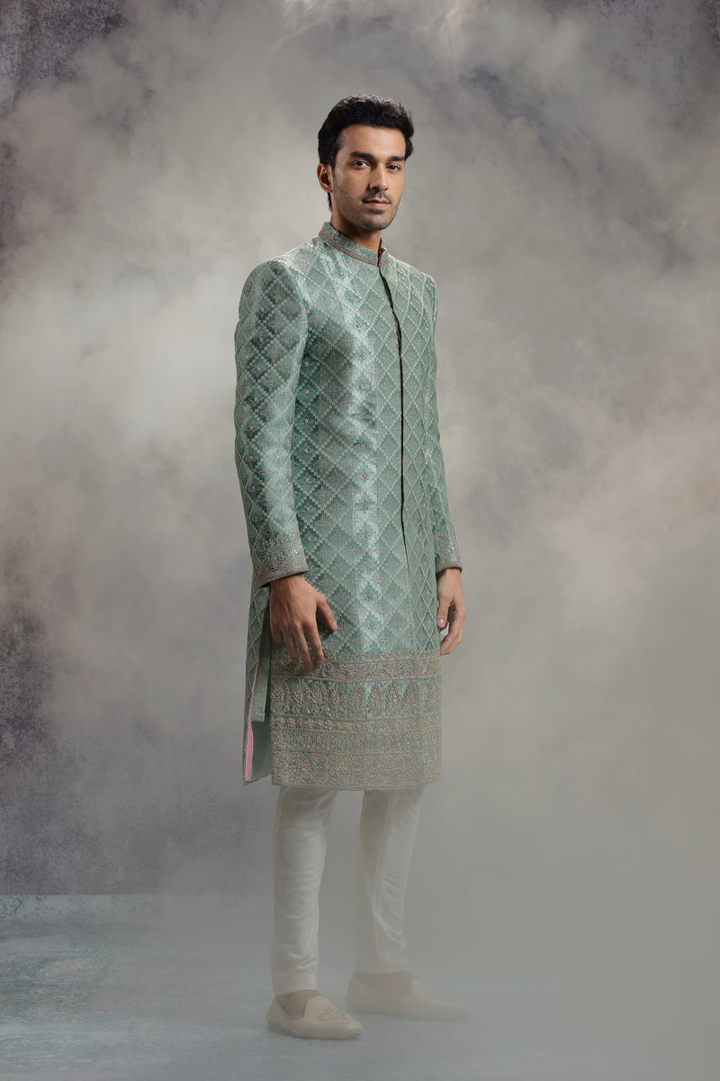 Teal Green Sherwani Set With Geometric Embroidery