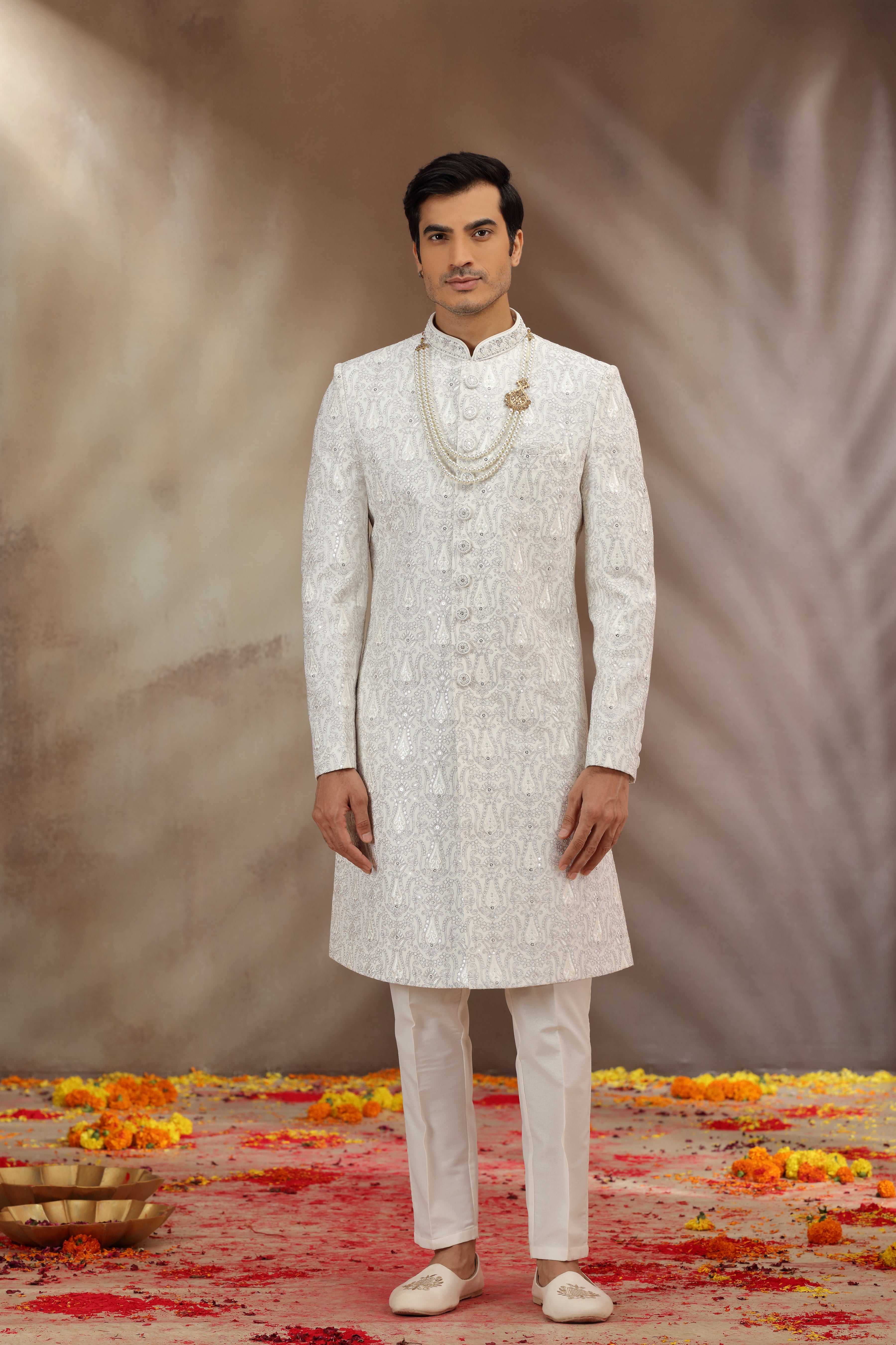 Off White Silk Sherwani with Resham and Dori Work