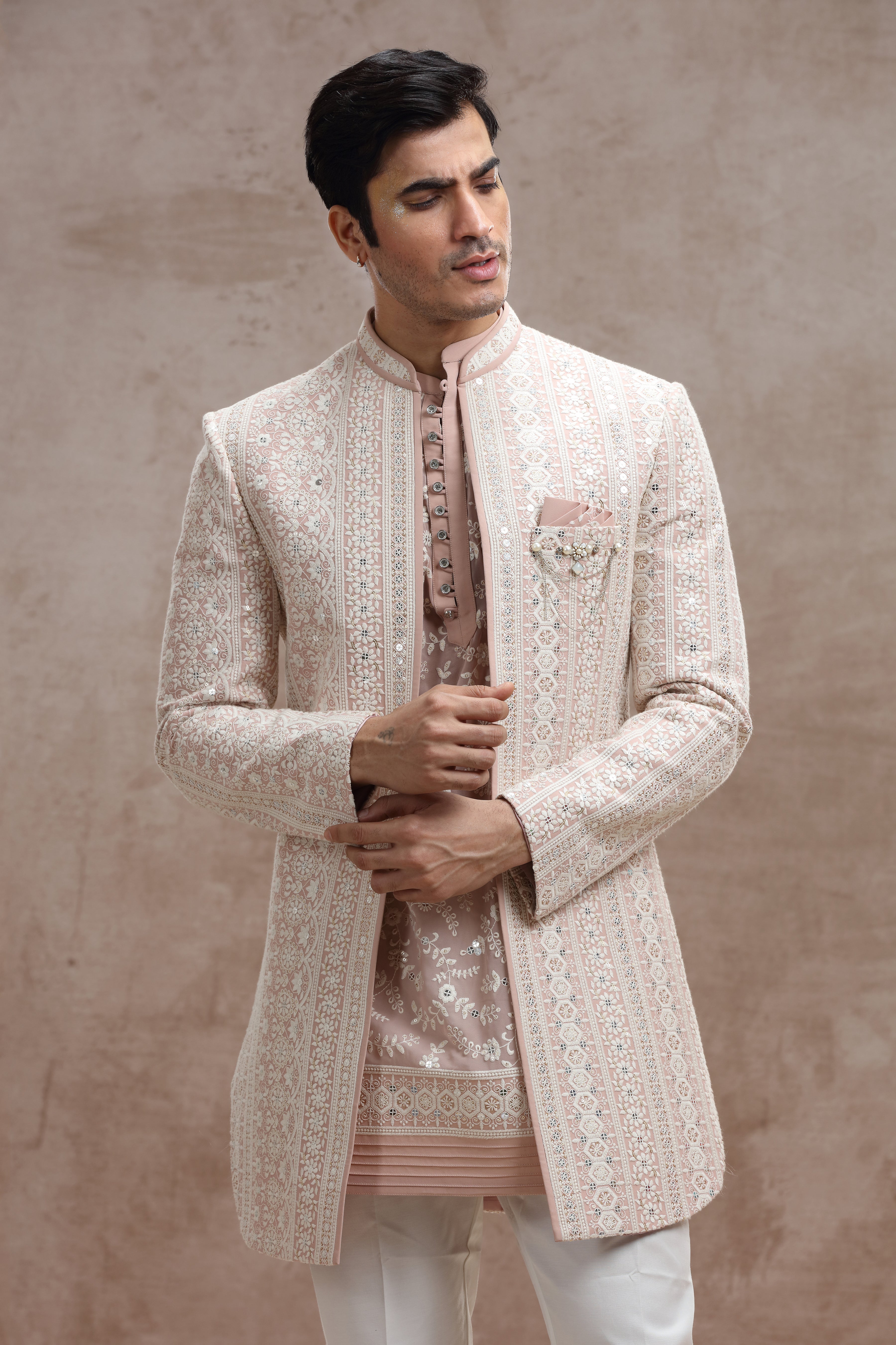 Peach Colour Indo Western with Chikankari Floral Embroidery