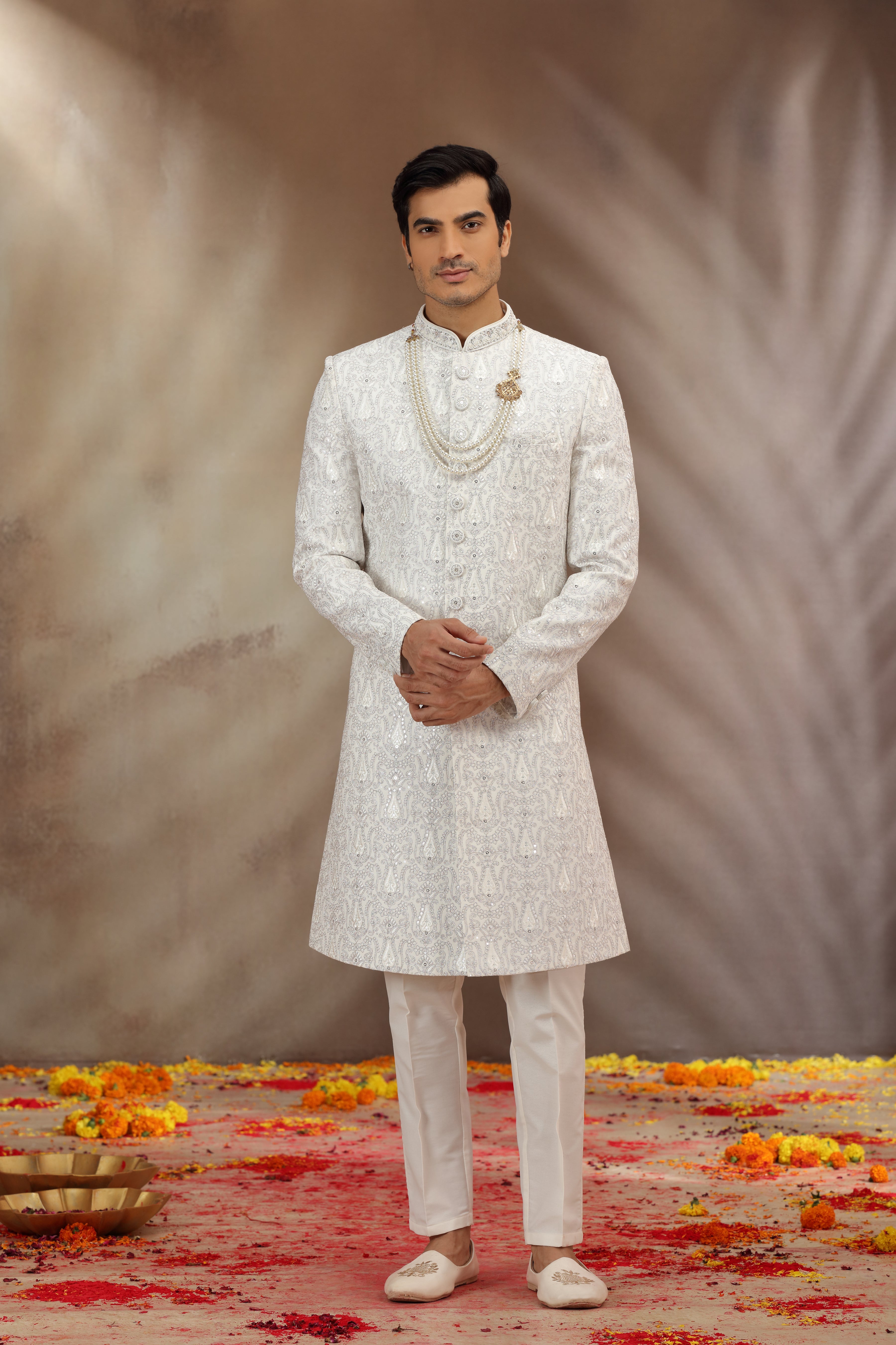 Off White Silk Sherwani with Resham and Dori Work
