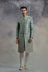 Teal Green Sherwani Set With Geometric Embroidery