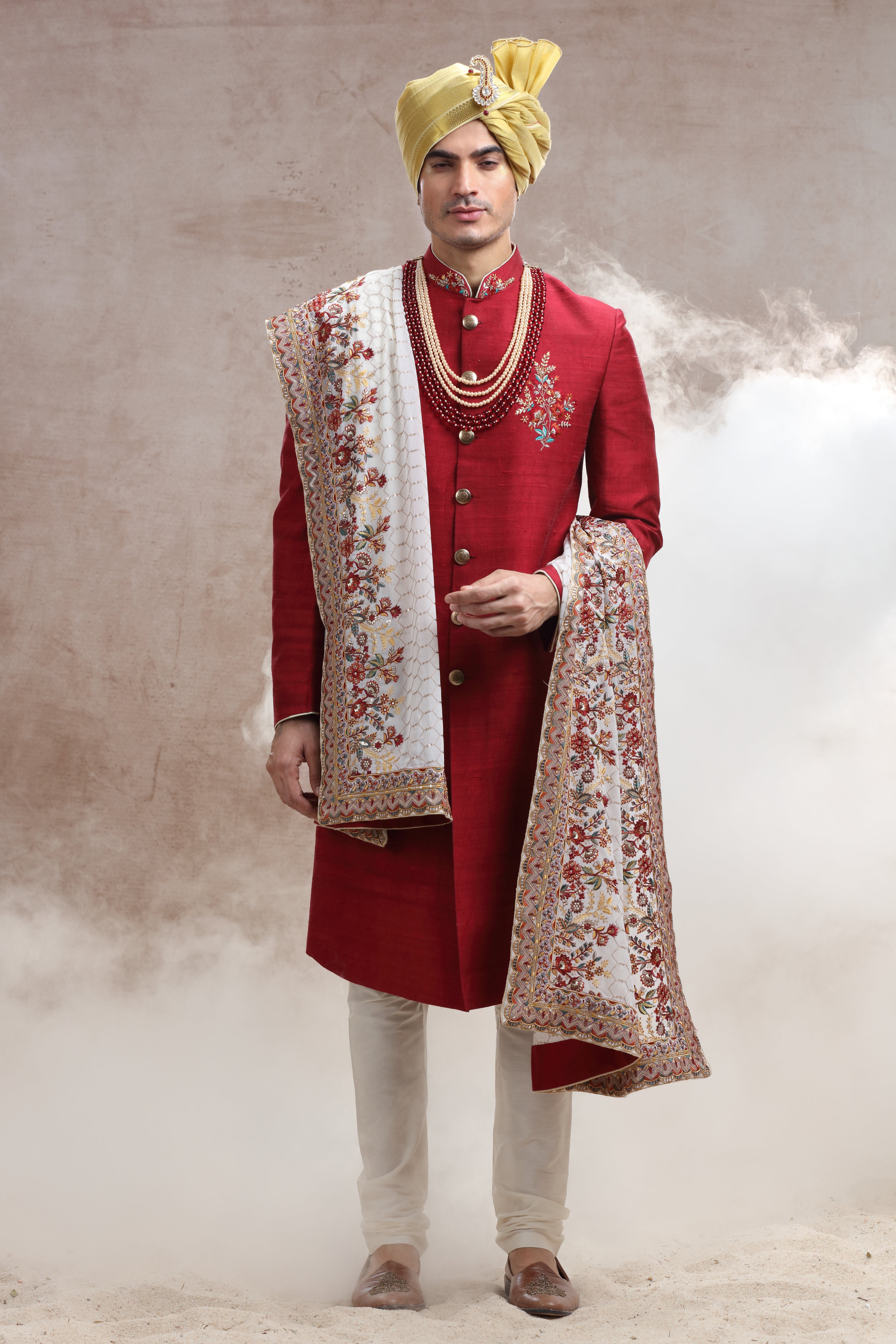 Crimson Red Sherwani with Thread Work and Sequences