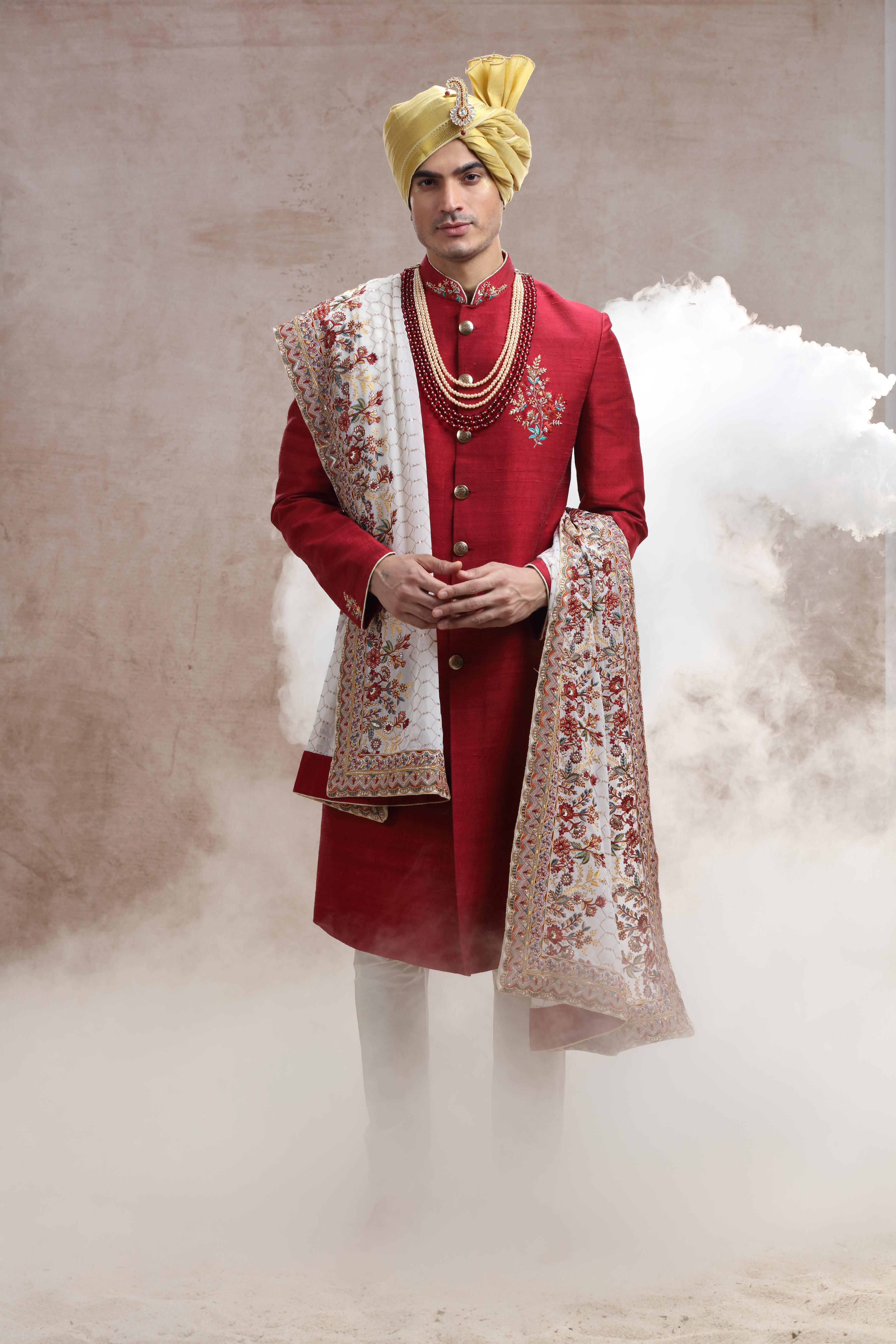 Crimson Red Sherwani with Thread Work and Sequences