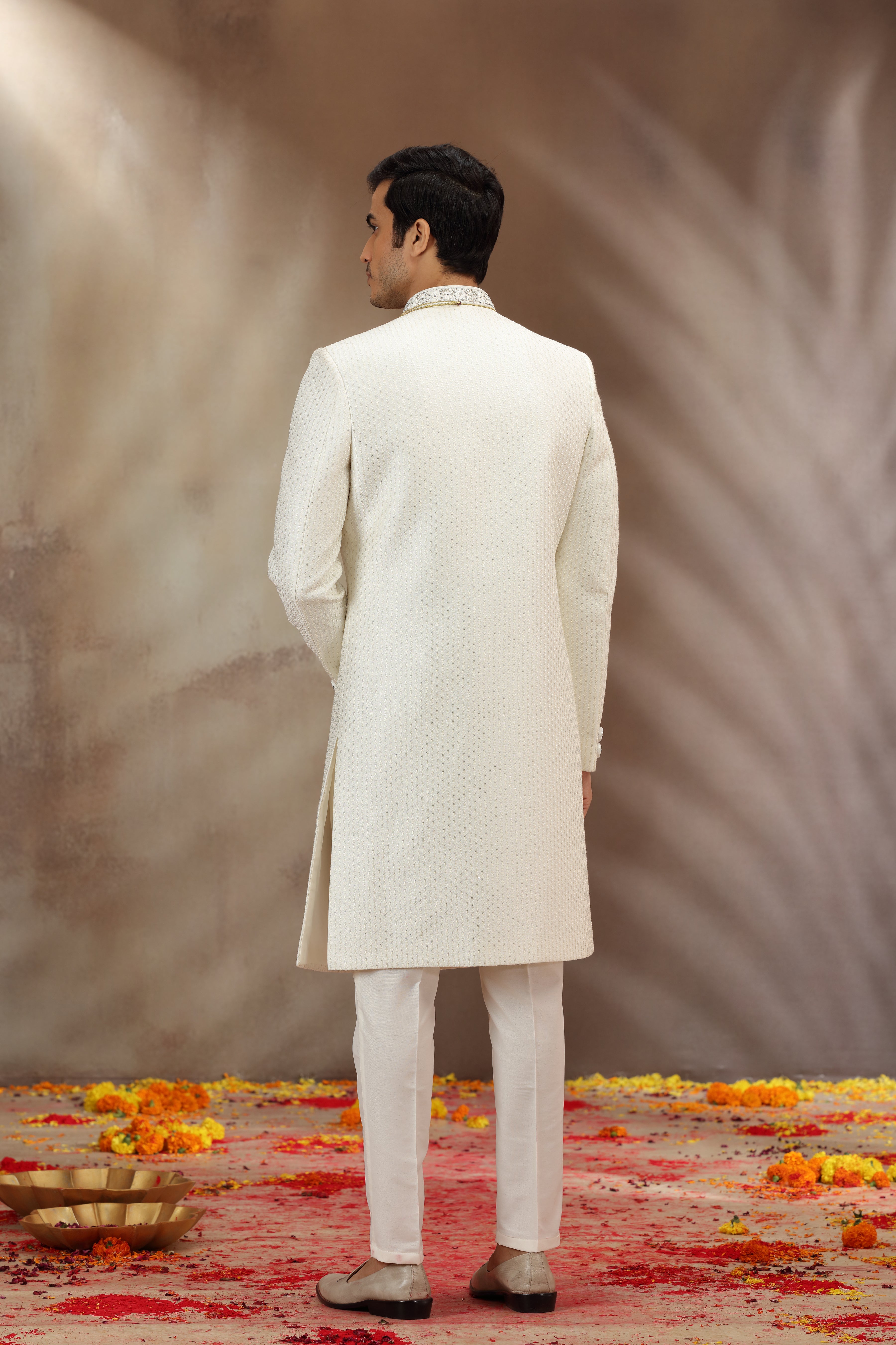 Cream Silk Sherwani with Resham and Sequins Work