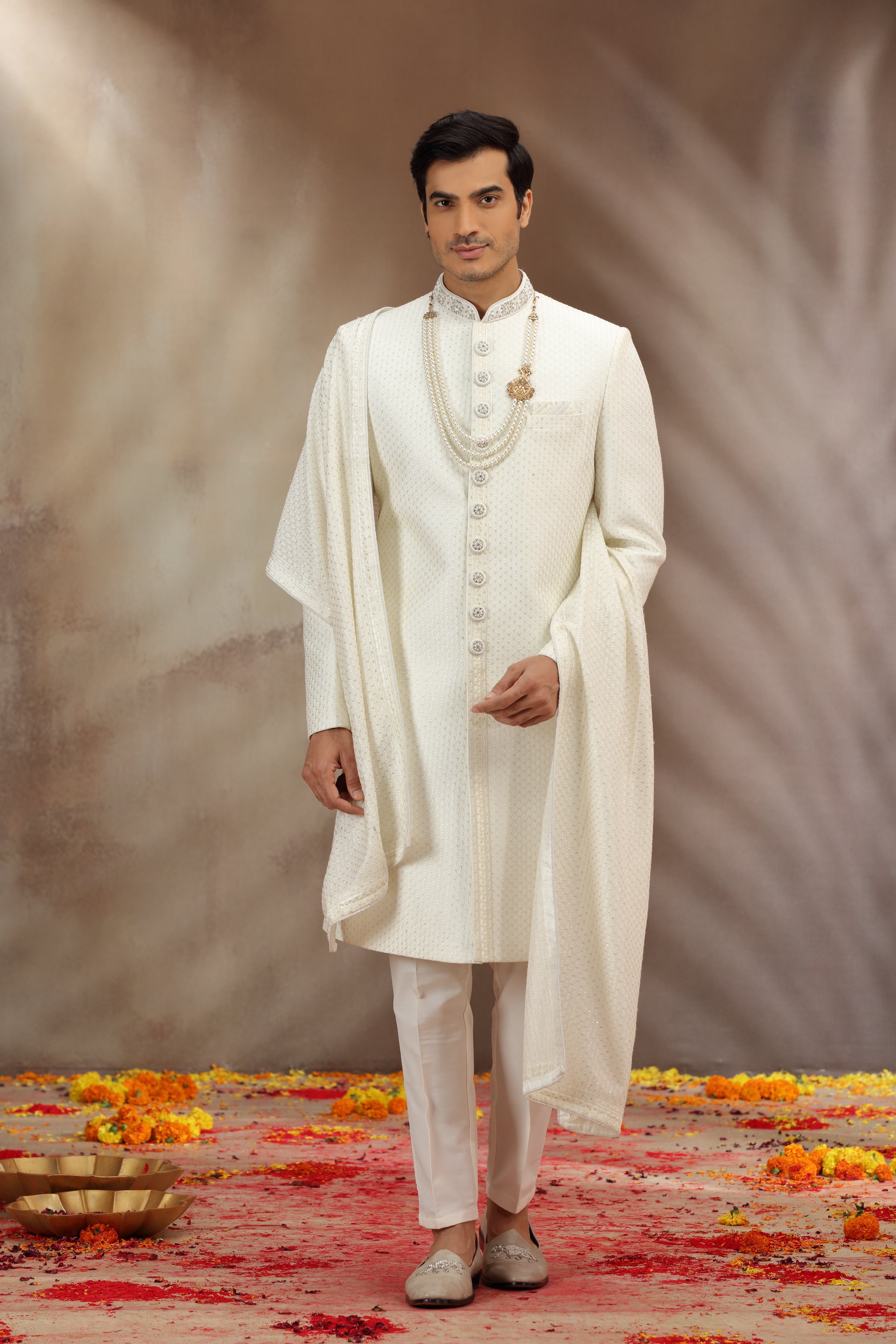 Cream Silk Sherwani with Resham and Sequins Work
