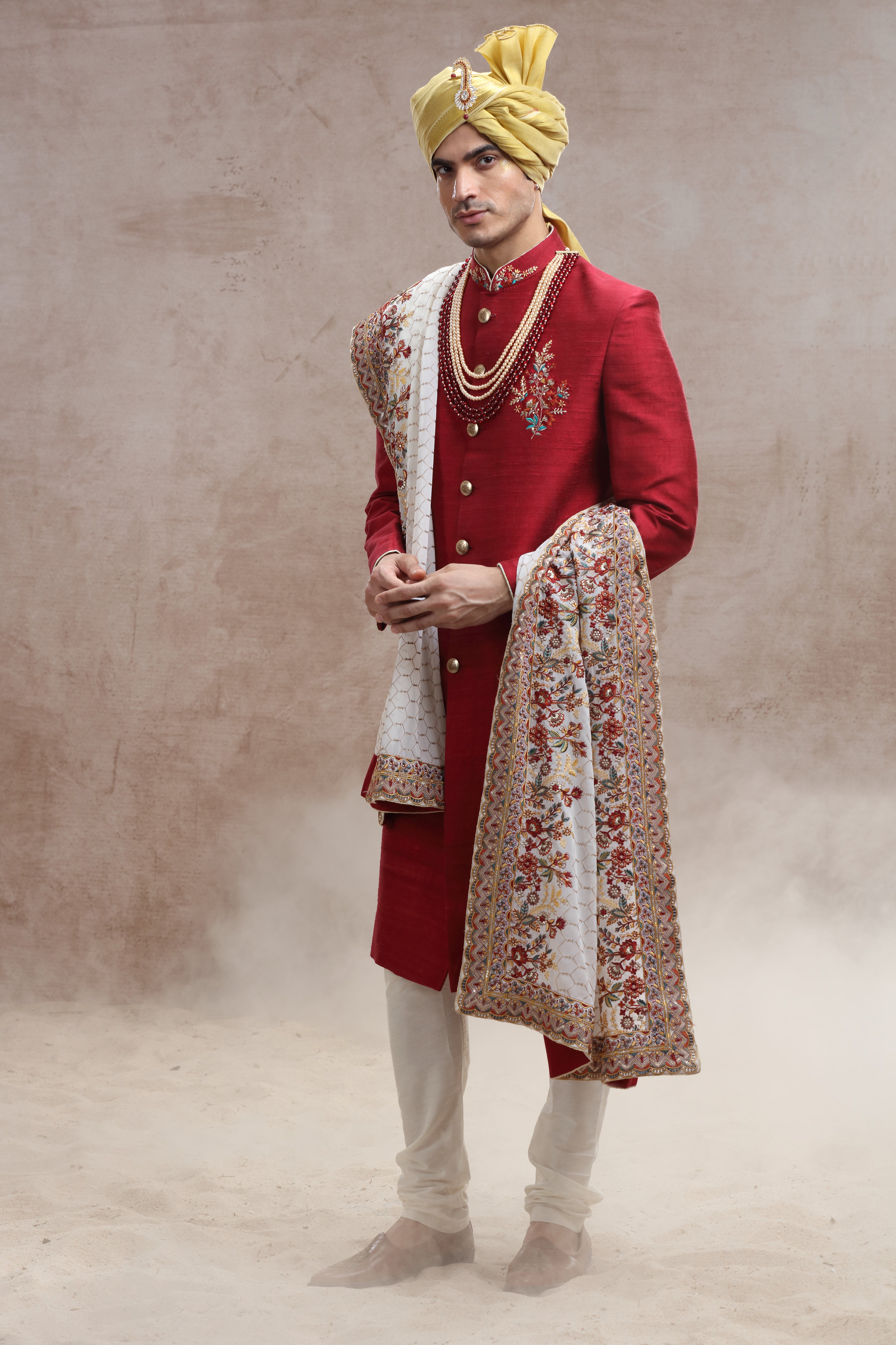 Crimson Red Sherwani with Thread Work and Sequences