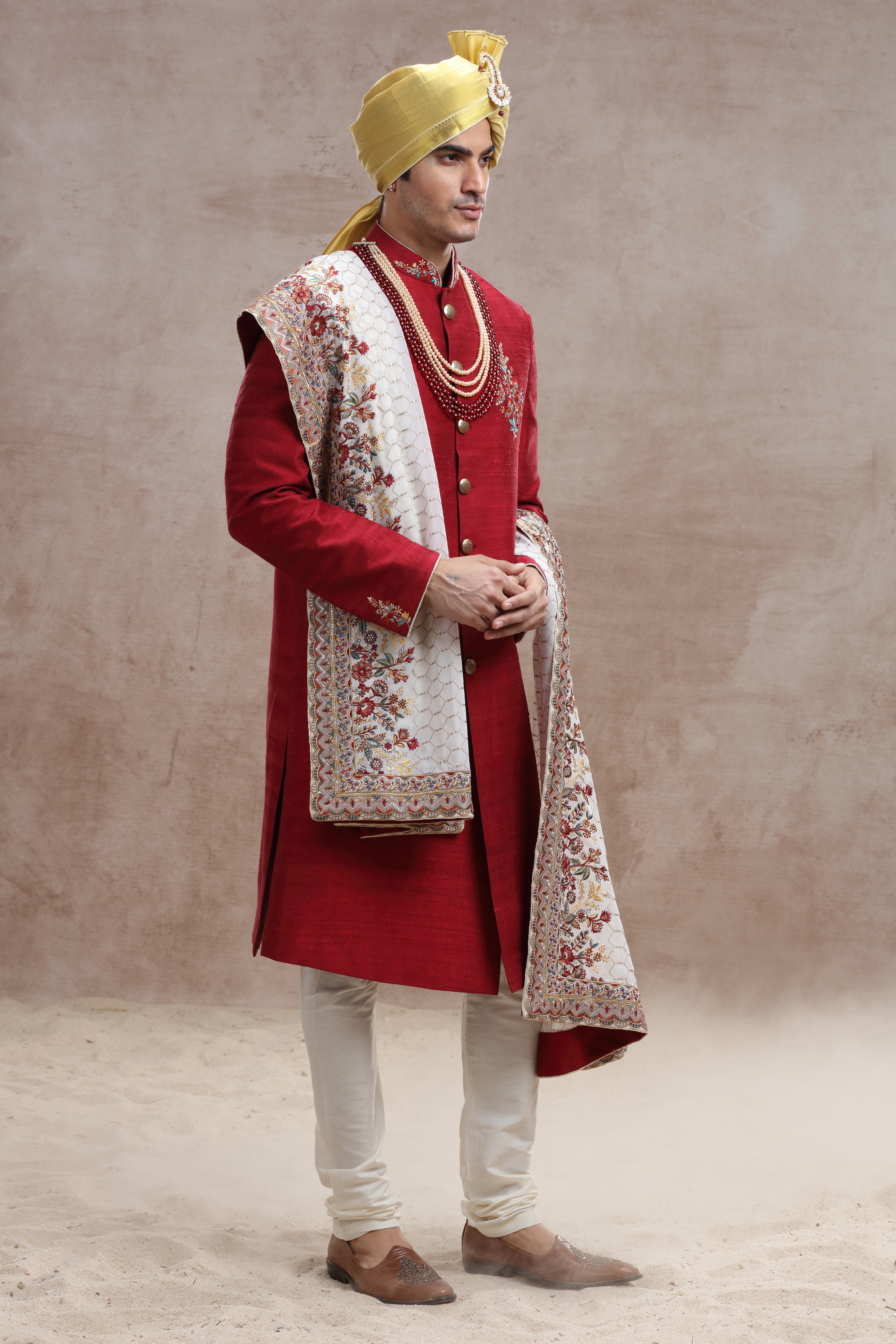 Crimson Red Sherwani with Thread Work and Sequences