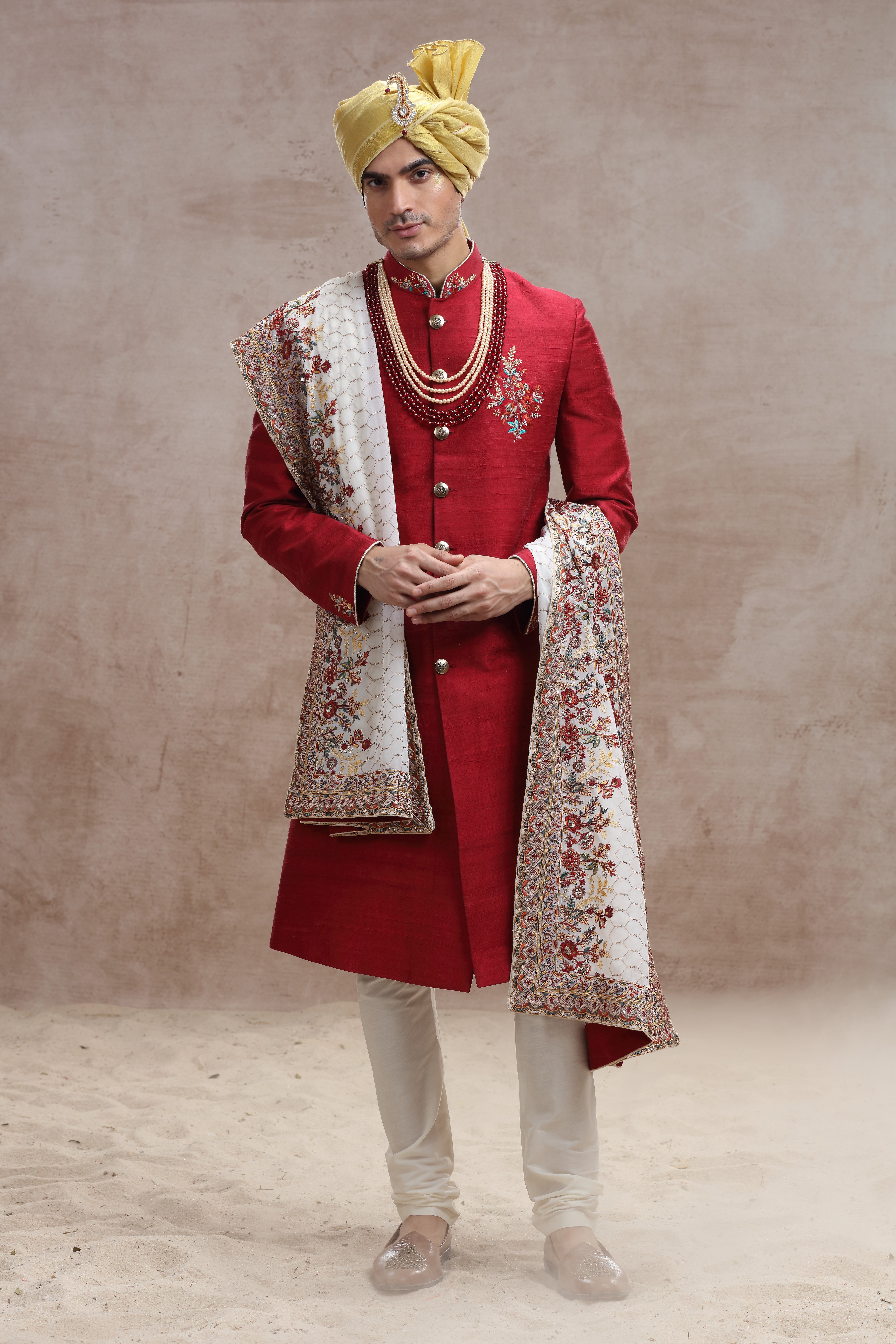 Crimson Red Sherwani with Thread Work and Sequences