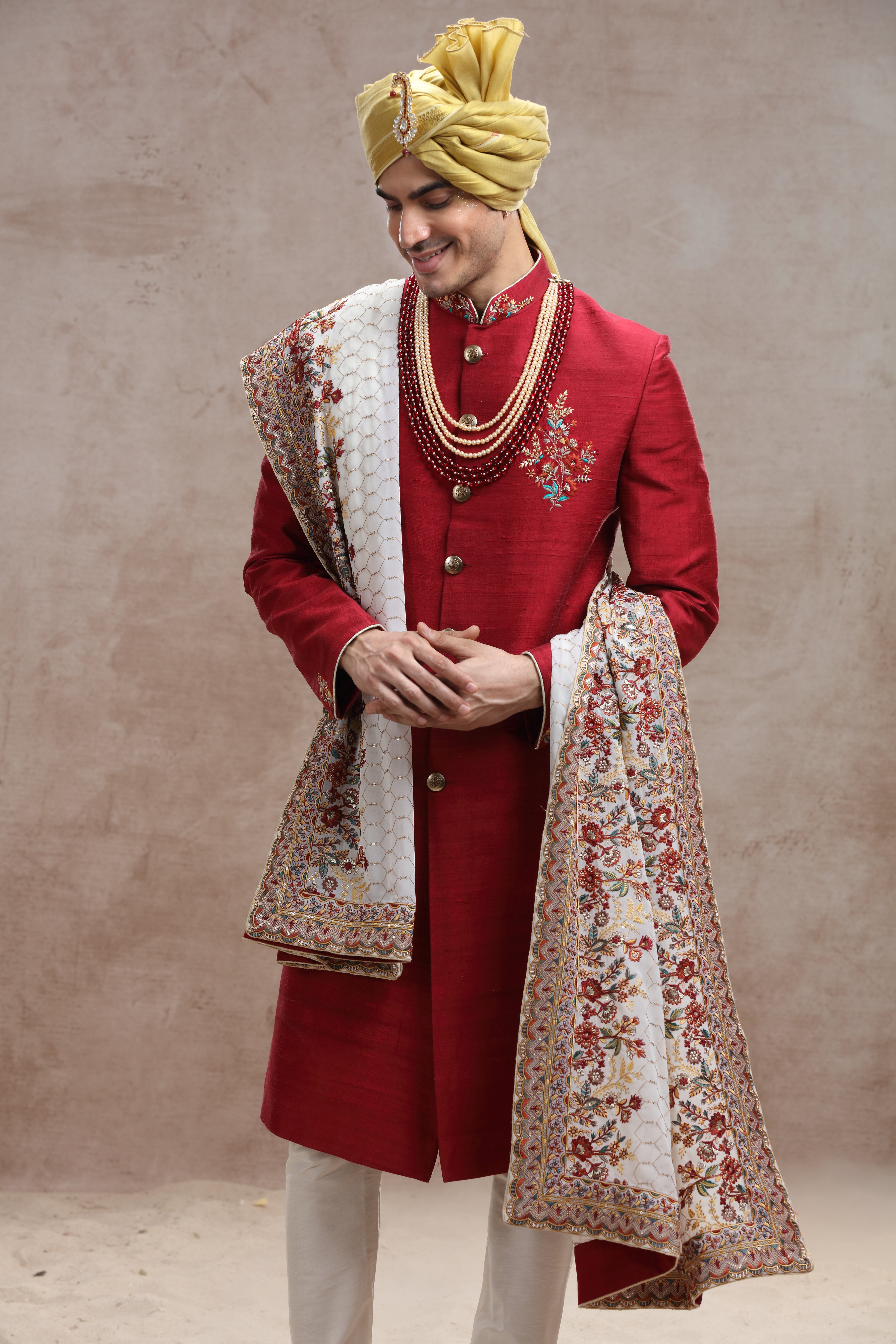 Crimson Red Sherwani with Thread Work and Sequences