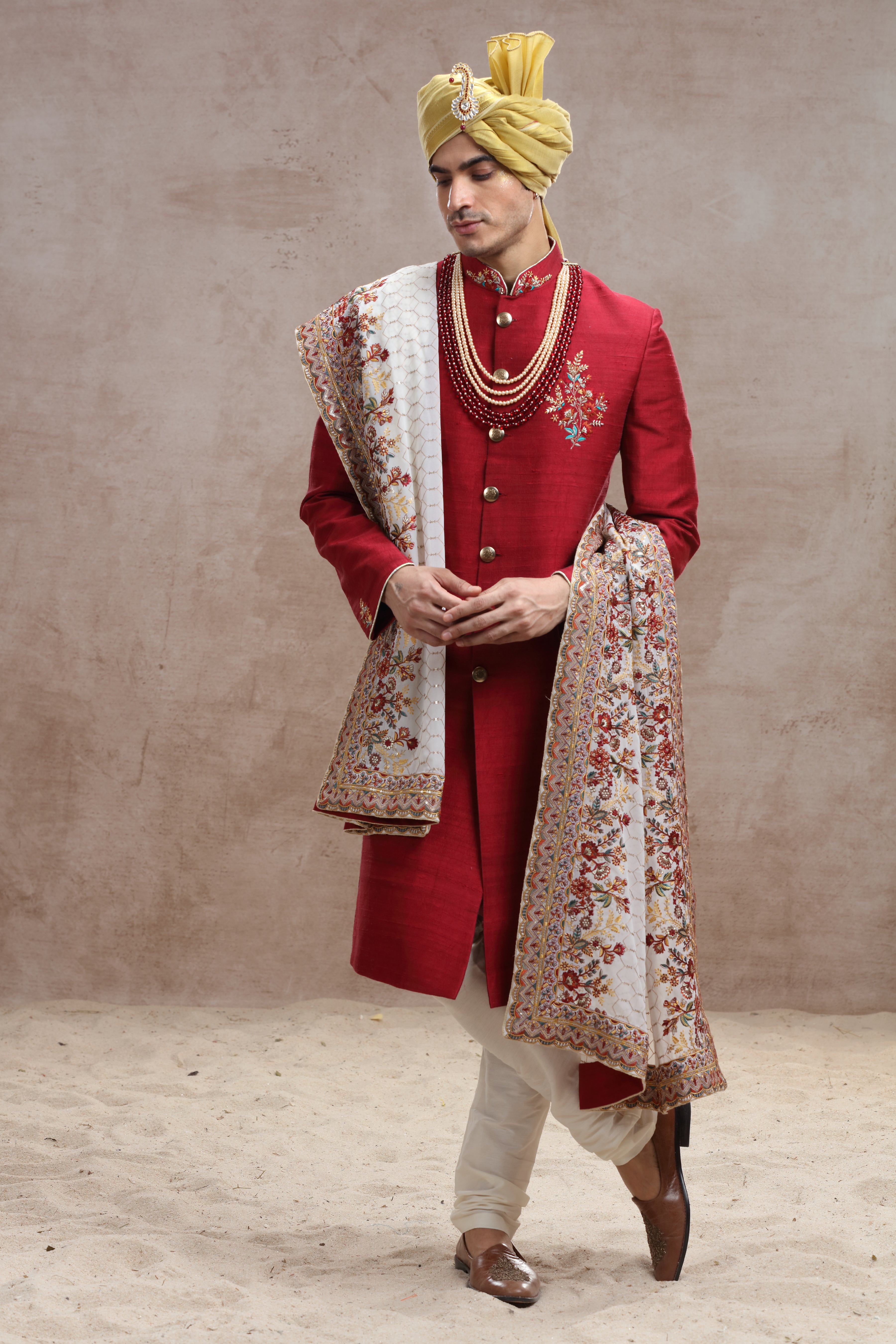 Crimson Red Sherwani with Thread Work and Sequences