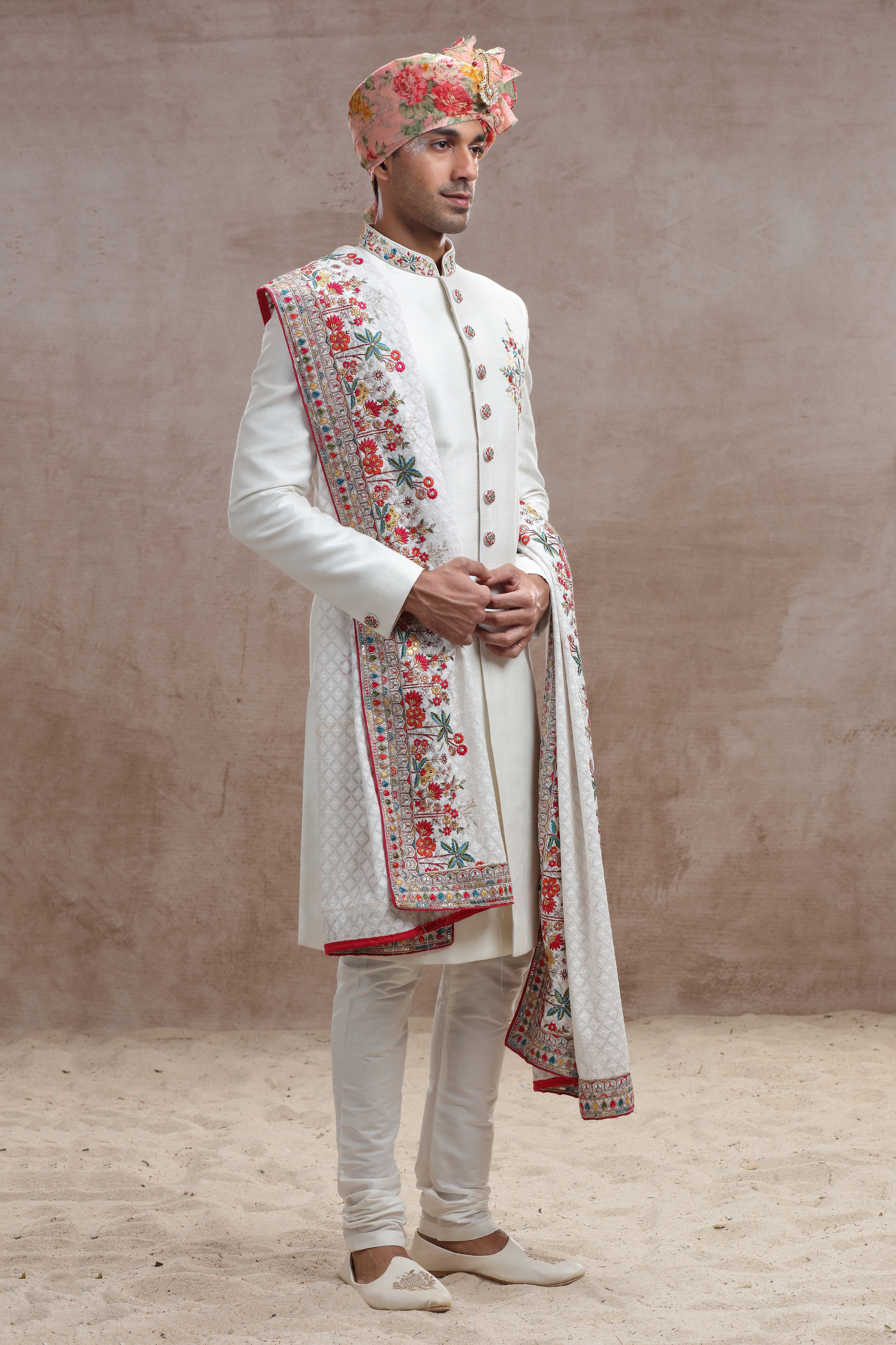 Ivory Raw Silk Sherwani with Thread, Bead Work