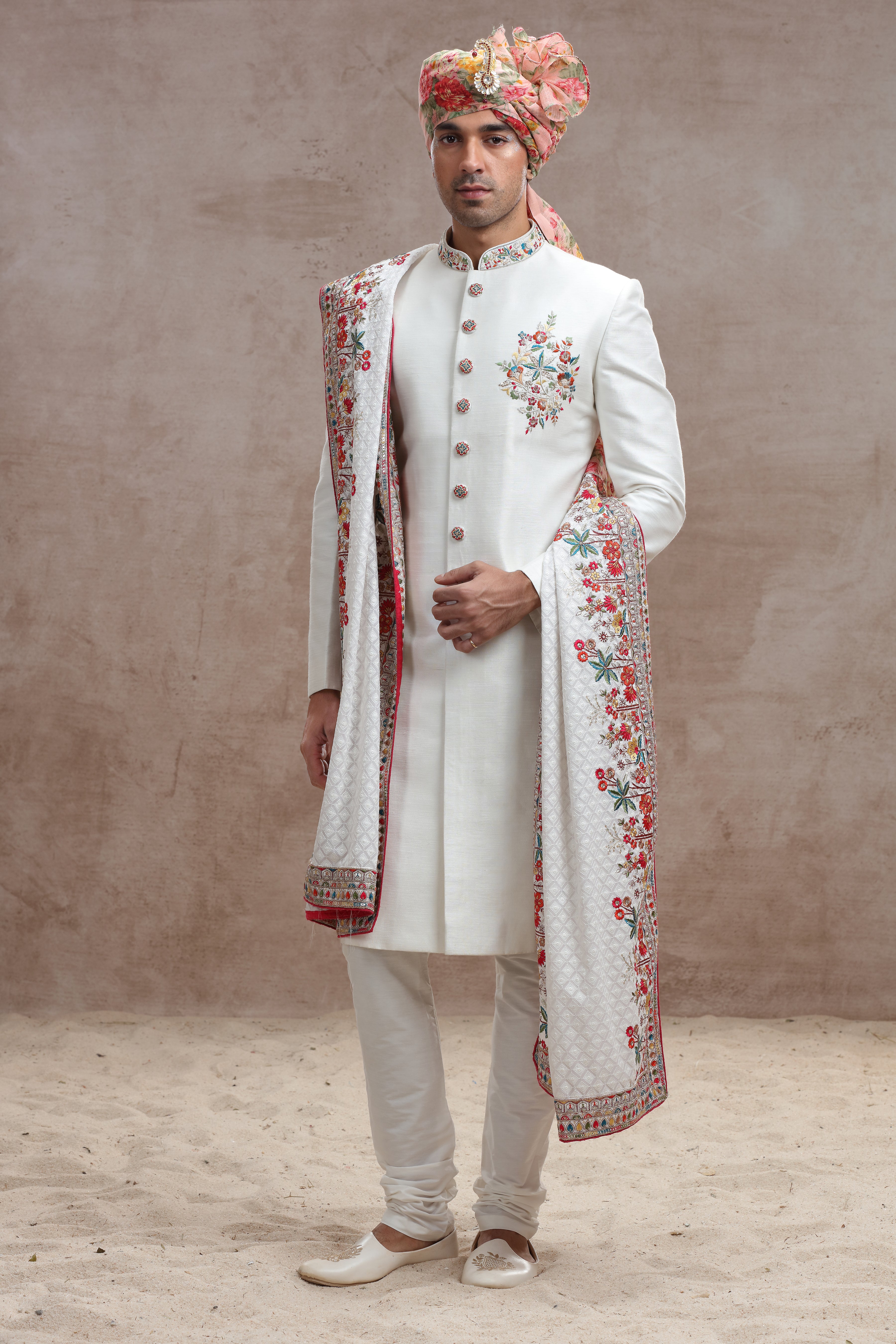 Ivory Raw Silk Sherwani with Thread, Bead Work