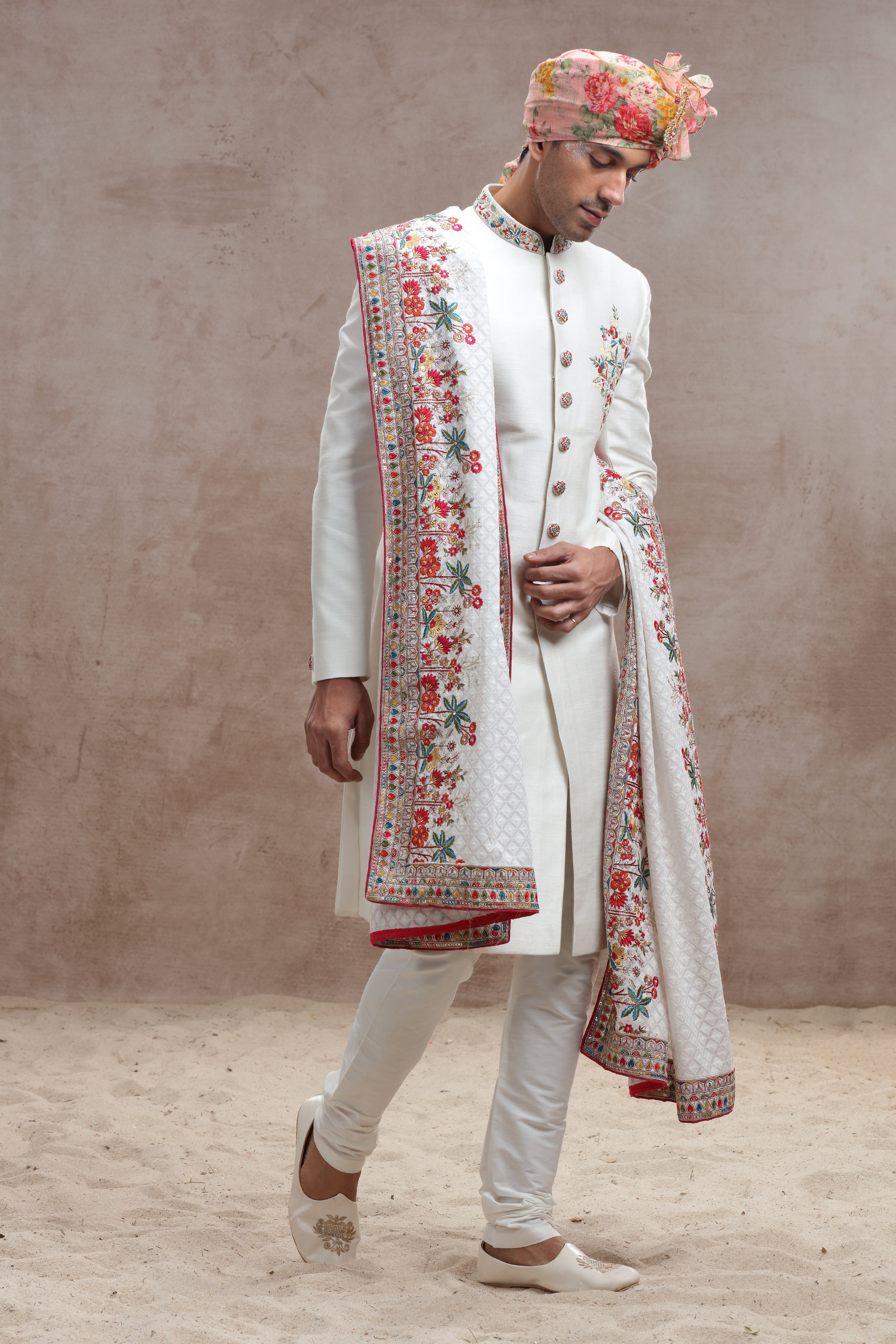 Ivory Raw Silk Sherwani with Thread, Bead Work