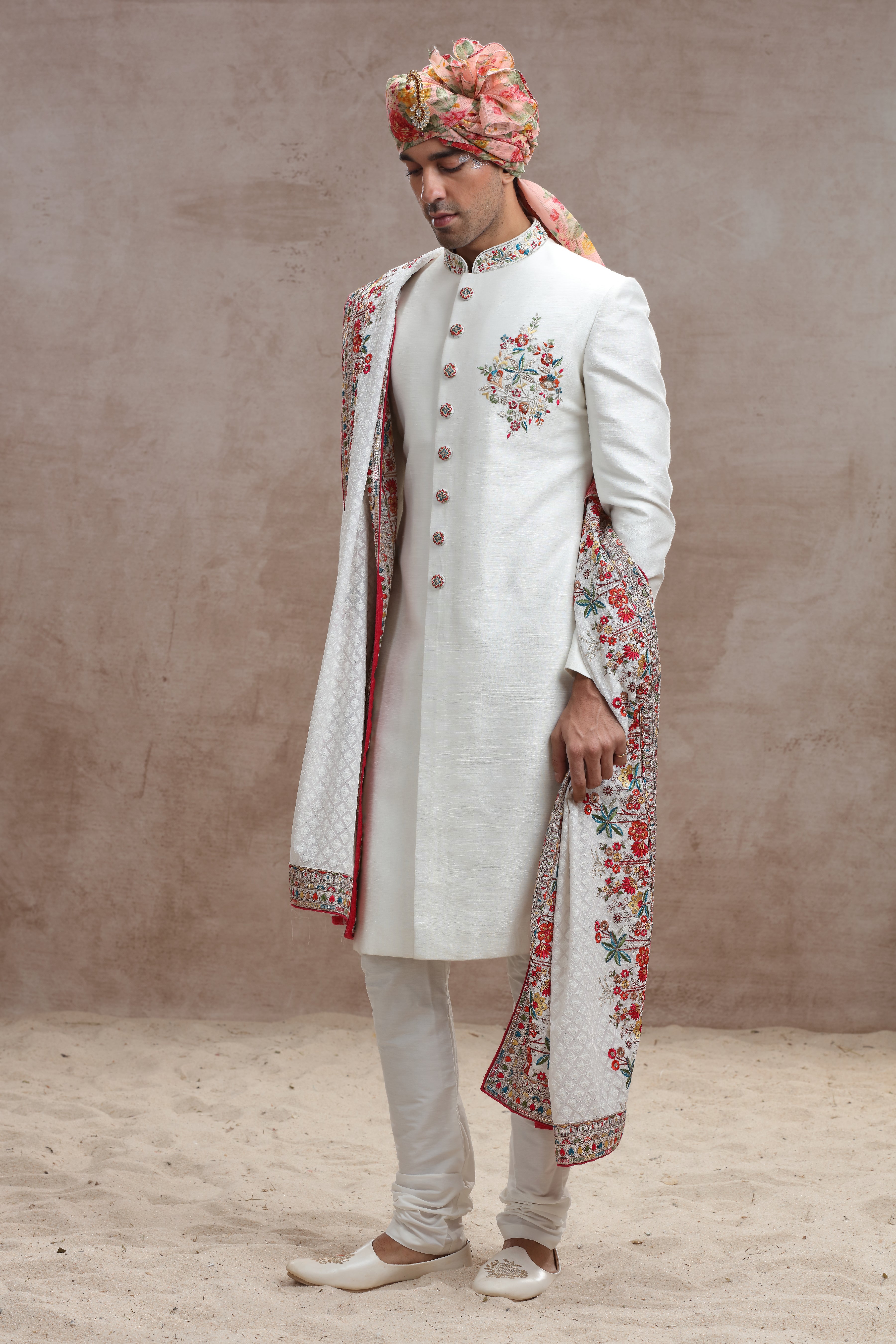 Ivory Raw Silk Sherwani with Thread, Bead Work