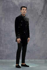 Black Jodhpuri Jacket with Placement Embroidery