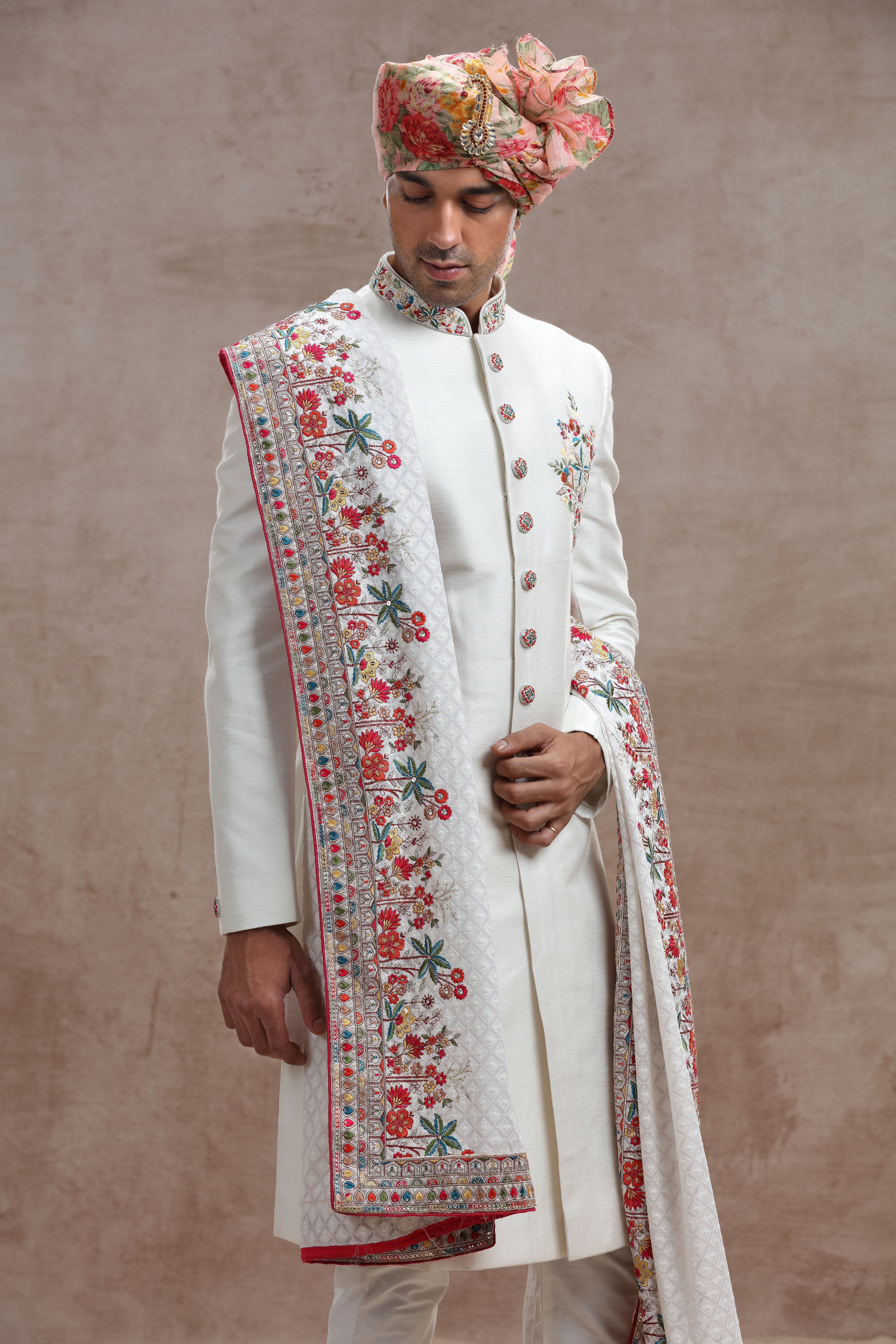 Ivory Raw Silk Sherwani with Thread, Bead Work