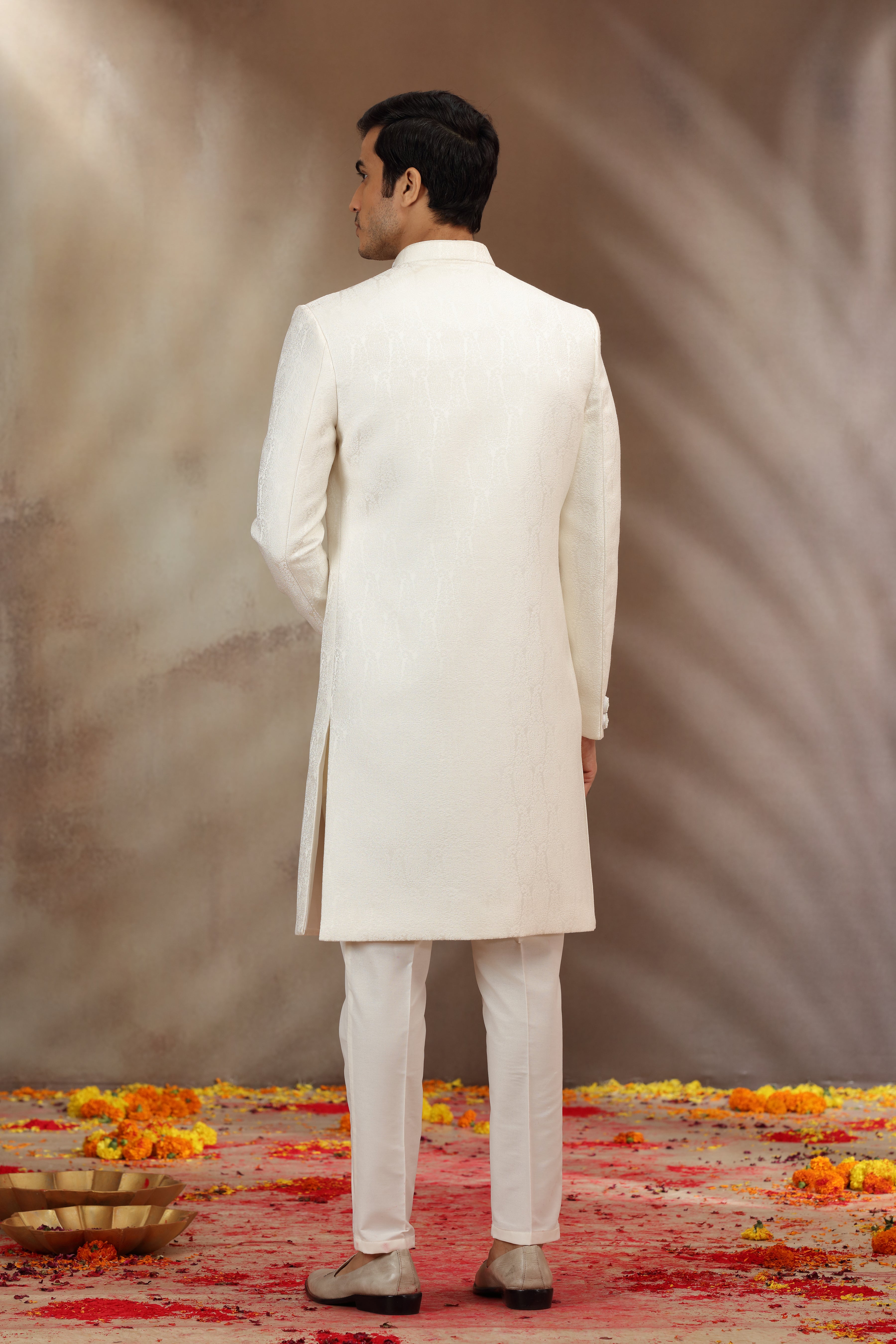 Off White Woven Silk Sherwani with Beads and Zardosi