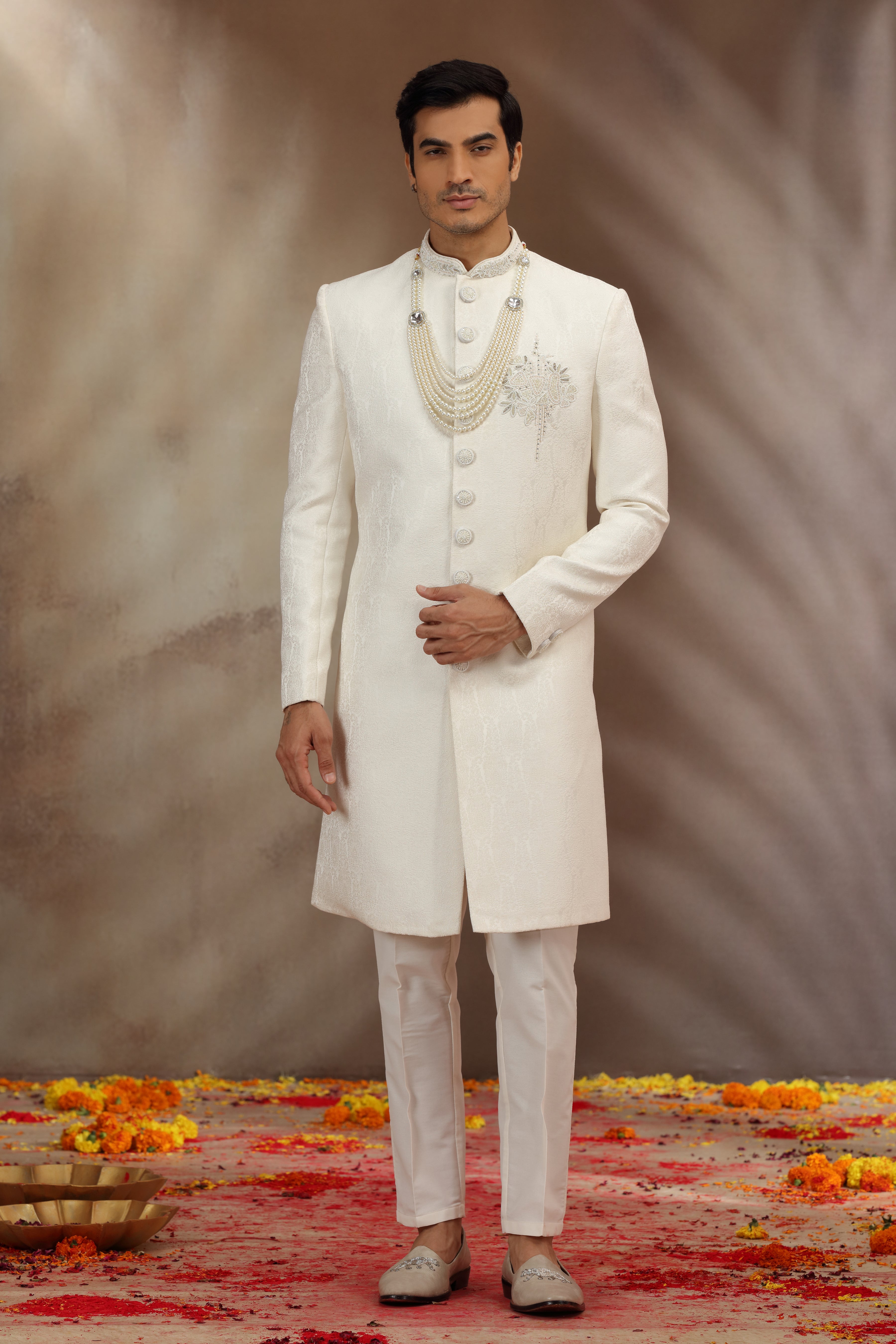 Off White Woven Silk Sherwani with Beads and Zardosi