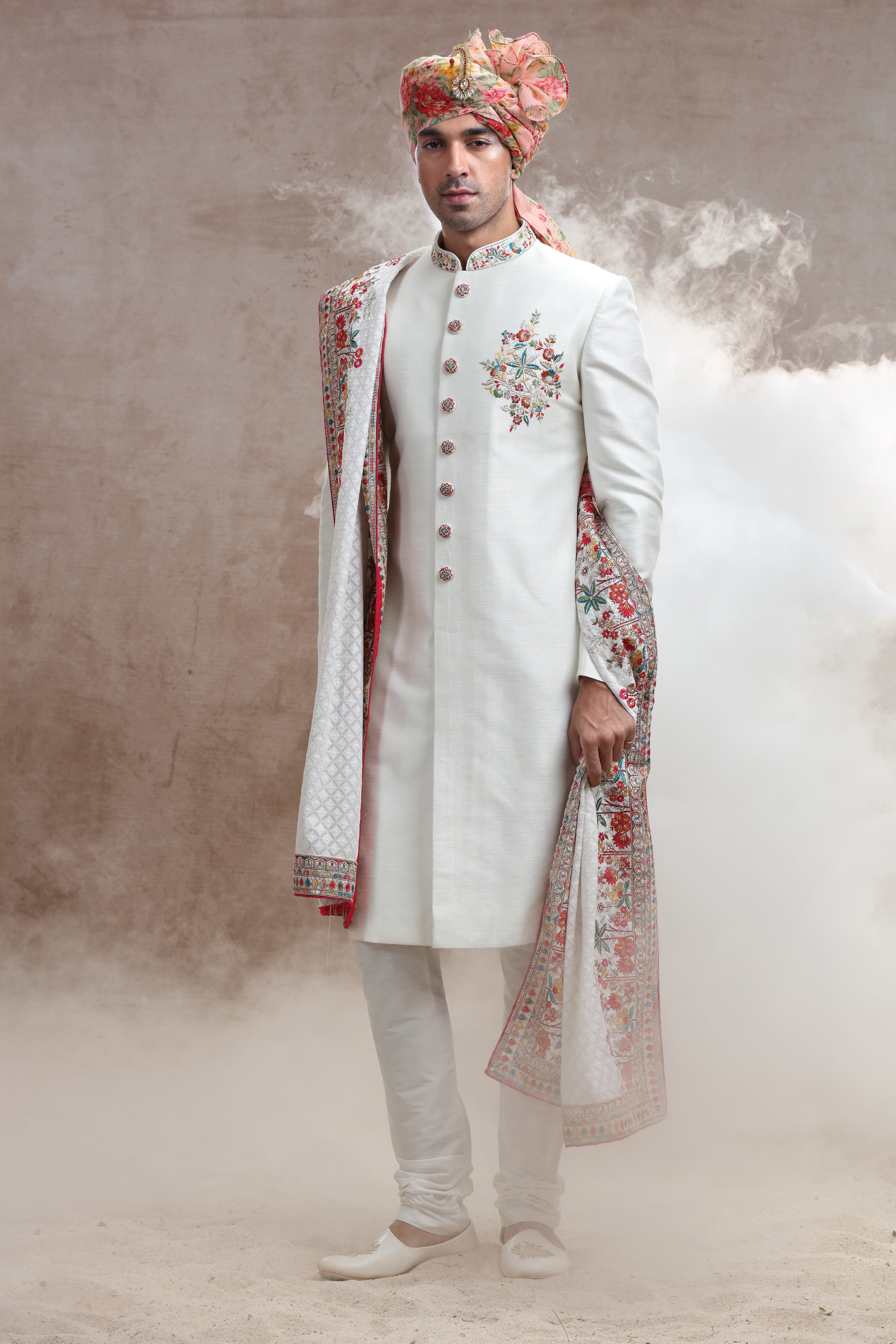 Ivory Raw Silk Sherwani with Thread, Bead Work