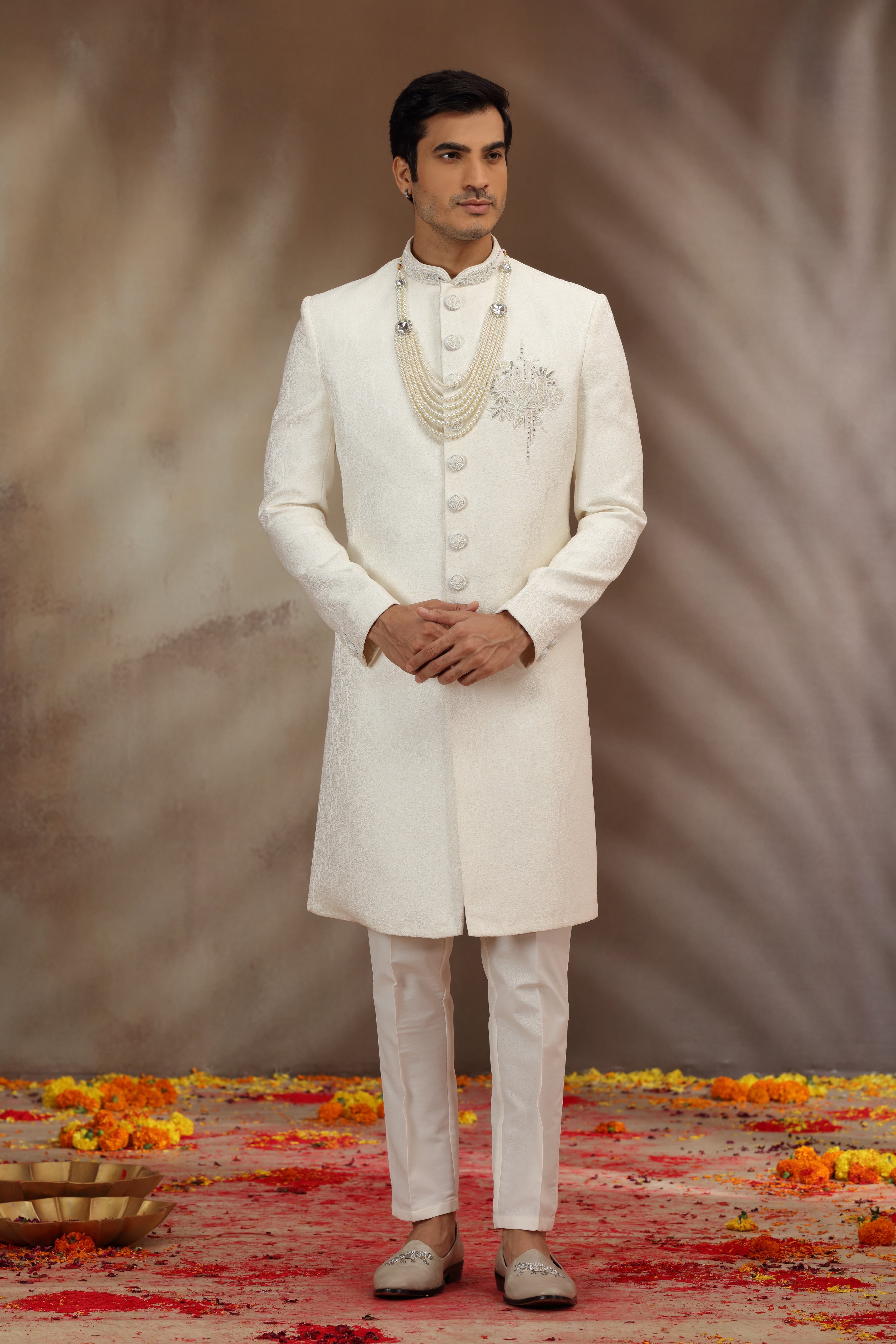 Off White Woven Silk Sherwani with Beads and Zardosi